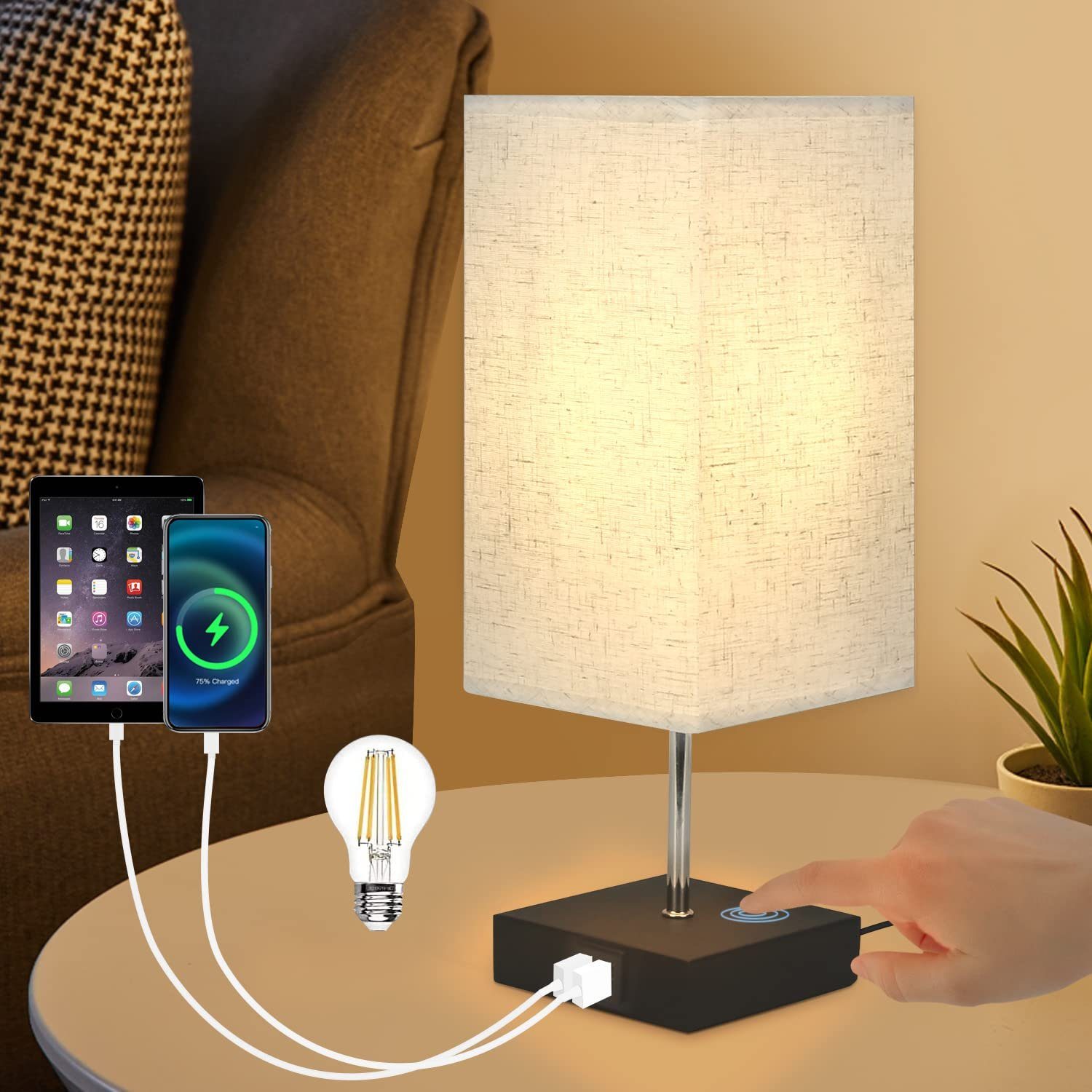 Touch mit LED Schlafzimmer E27, Arbeitszimmer Stoffschirm Kinderzimmer Dimmbar Vintage 2 Leuchtmittel, USB ohne Nettlife für USB-Anschlüssen, mit Tischlampe Nachttischlampe Wohnzimmer Ladefunktion