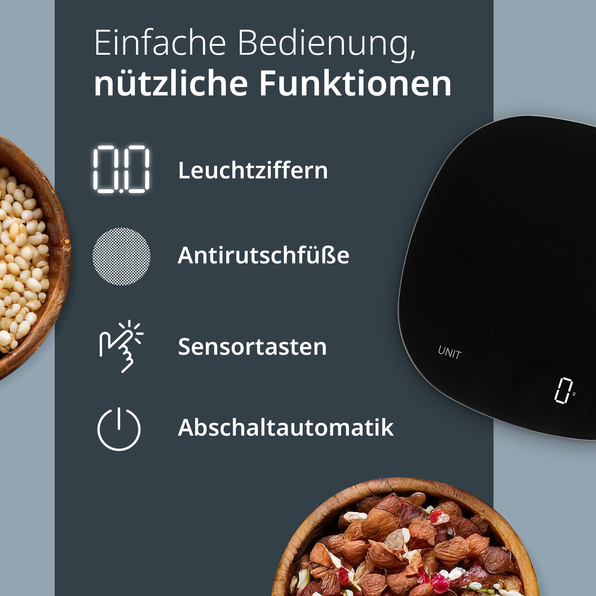 ADE Küchenwaage digital, Koch- und Backwaage bis 15 kg, grammgenau, Digitalwaage mit Glasfläche, Tara-Funktion, inkl. AAA Batterien