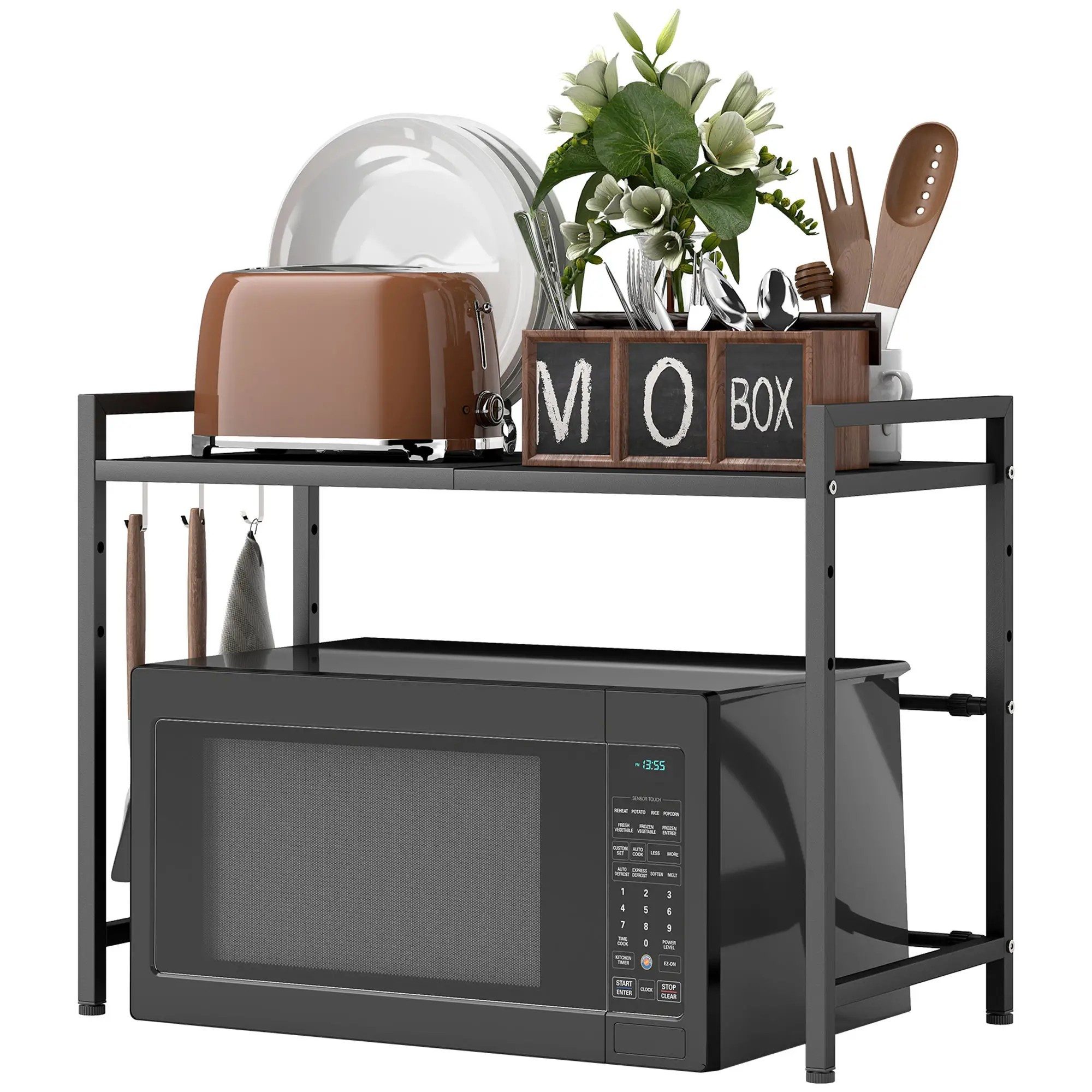 BlingBin Regalelement 2-Stufig Erweiterbares Küchen Mikrowelle Ständer Regal mit 3 Haken, 1er Set 1-tlg., Mikrowellenhalter aus Metallmaterialien,Küchenaufbewahrung Organizer