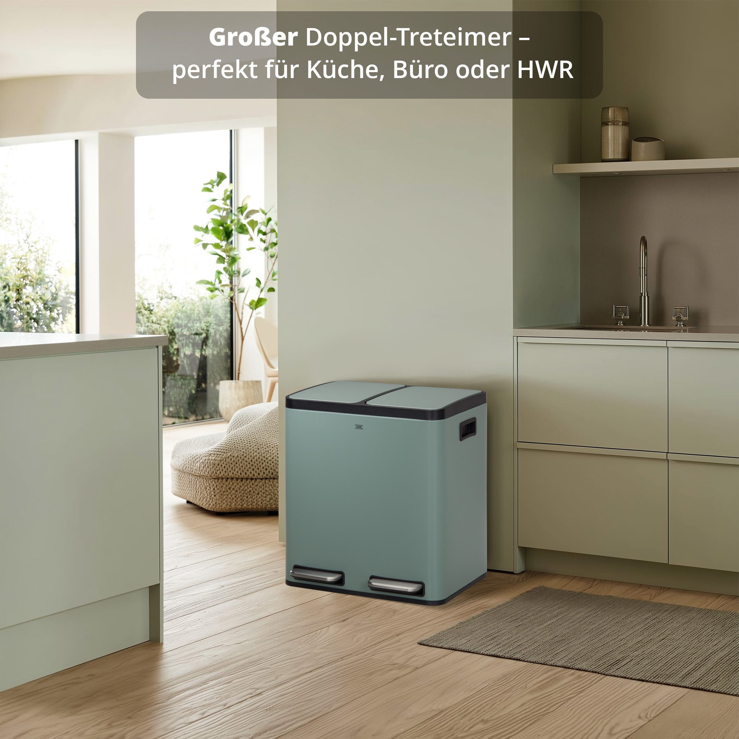 KHG Mülltrennsystem Mülleimer Grün pulverbeschichtet 30 Liter (2x15 L) Trittmechanismus, Metallgehäuse mit Griffmulden, herausnehmbare Kunststoff-Inneneimer