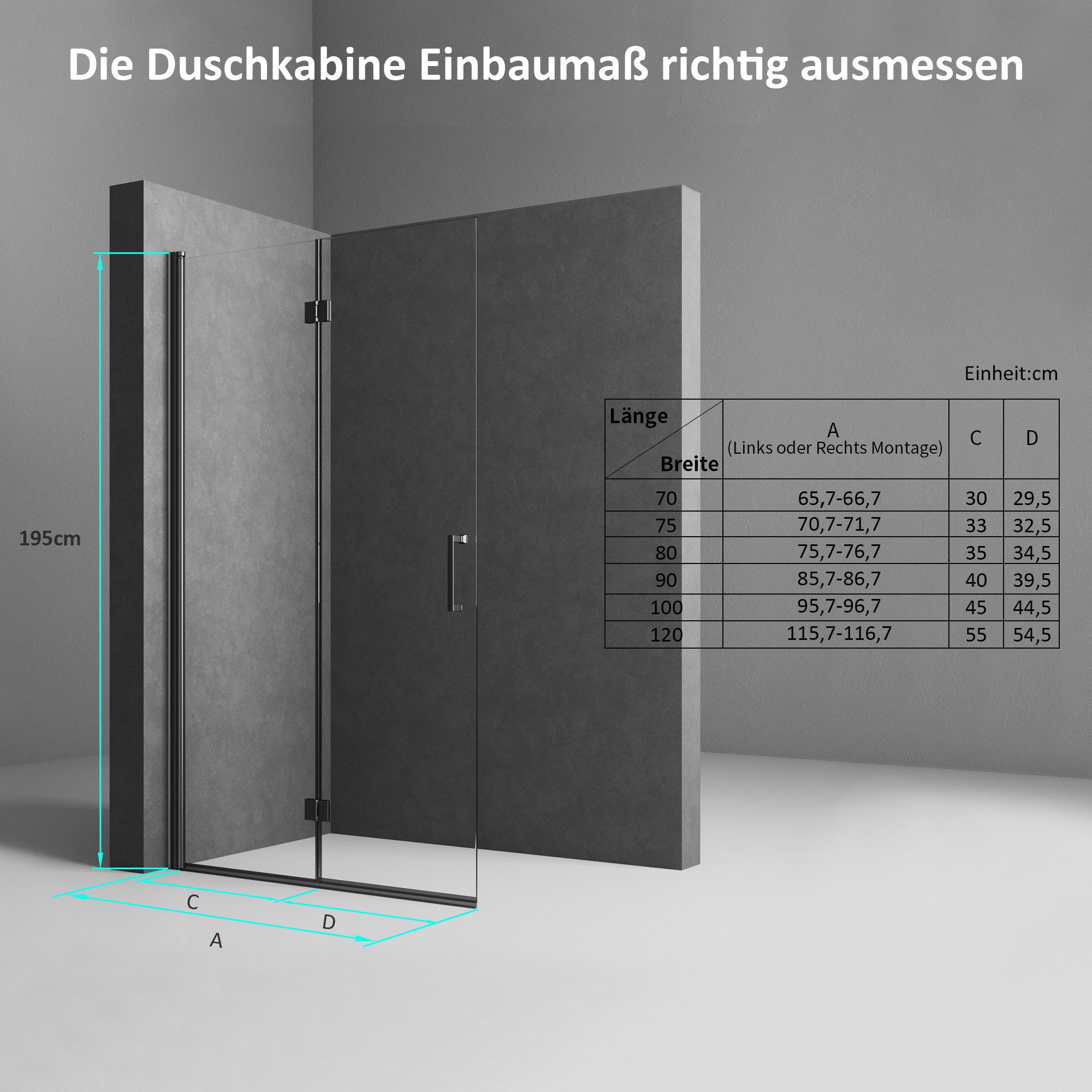 Boromal Walk-in-Dusche Schwarz Duschabtrennung faltbar für Dusche Walk In Duschwand, 5mm NANO ESG, (Duschtrennwand Glas, 180º faltbar), mti Duschdichtung, Rechts-und Links montierbar