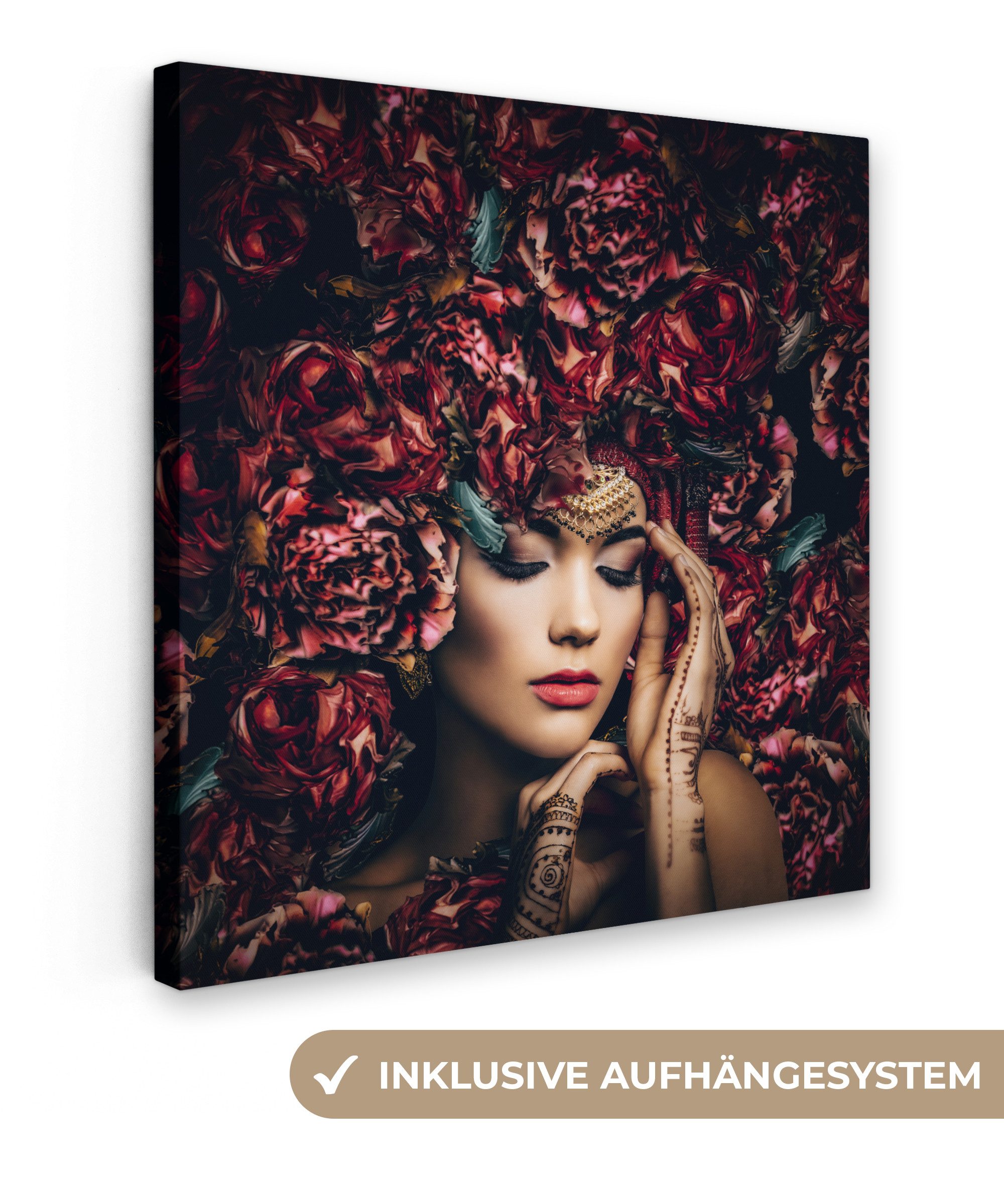 OneMillionCanvasses® Leinwandbild Frau - Blumen - Henna - Porträt, Fotodruck (1 St), Wandbild, Deko Schlafzimmer Wohnzimmer Flur 20x20 cm