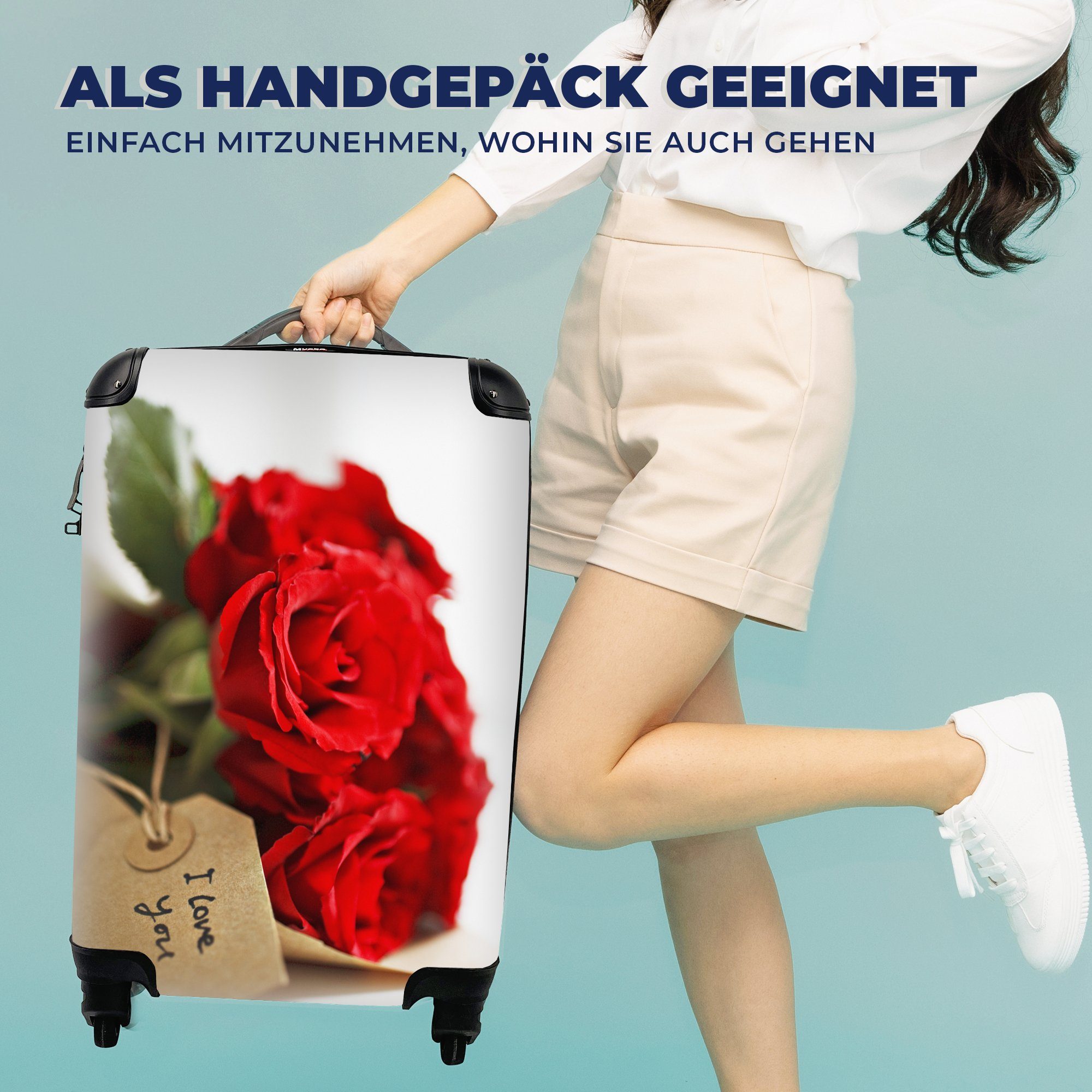 Reisetasche Reisekoffer mit auf für Rosen MuchoWow weißem Valentinstag, Ferien, Trolley, rollen, Rote zum Hintergrund Handgepäck Rollen, Handgepäckkoffer 4