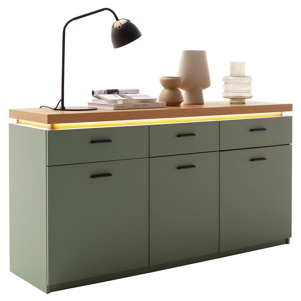 Lomadox Sideboard MOSTAR-05, Grün mit Eiche, 156 cm Breite, 3-türig