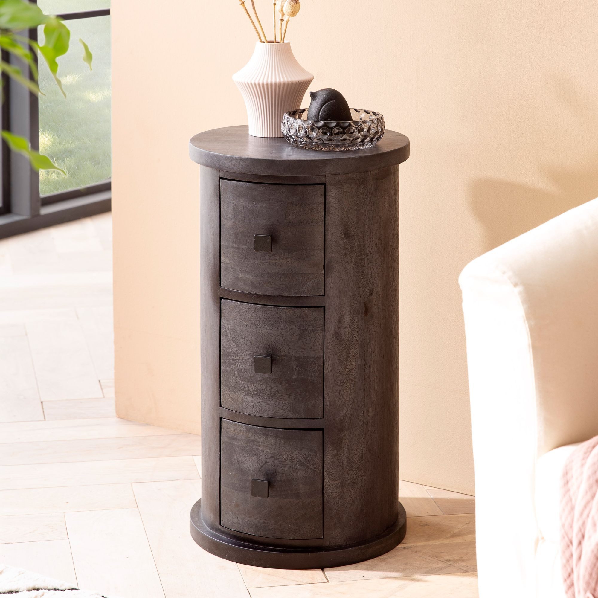 FINEBUY Kommode FB56311 Massivholz mit Schubladen aus Mango Holz Schubladen (Mango Massivholz 34x65x34 Rund Modern), Schubkastenkommode Klein Schwarz Schubladen