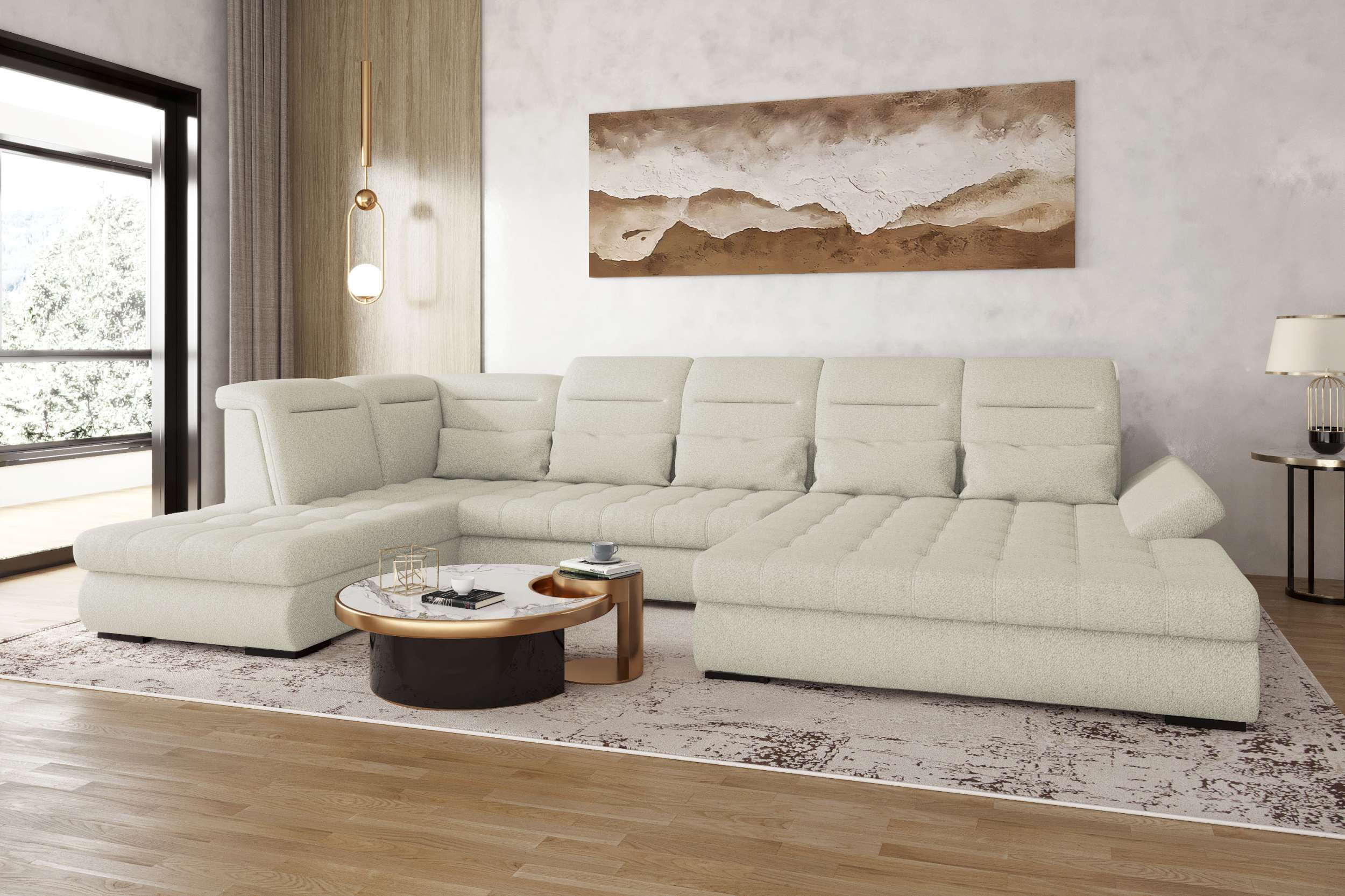 99rooms Wohnlandschaft Toscana, Sofa, U-Form, Rundumbezug aus Strukturstoff NEVE, mit Schlaffunktion
