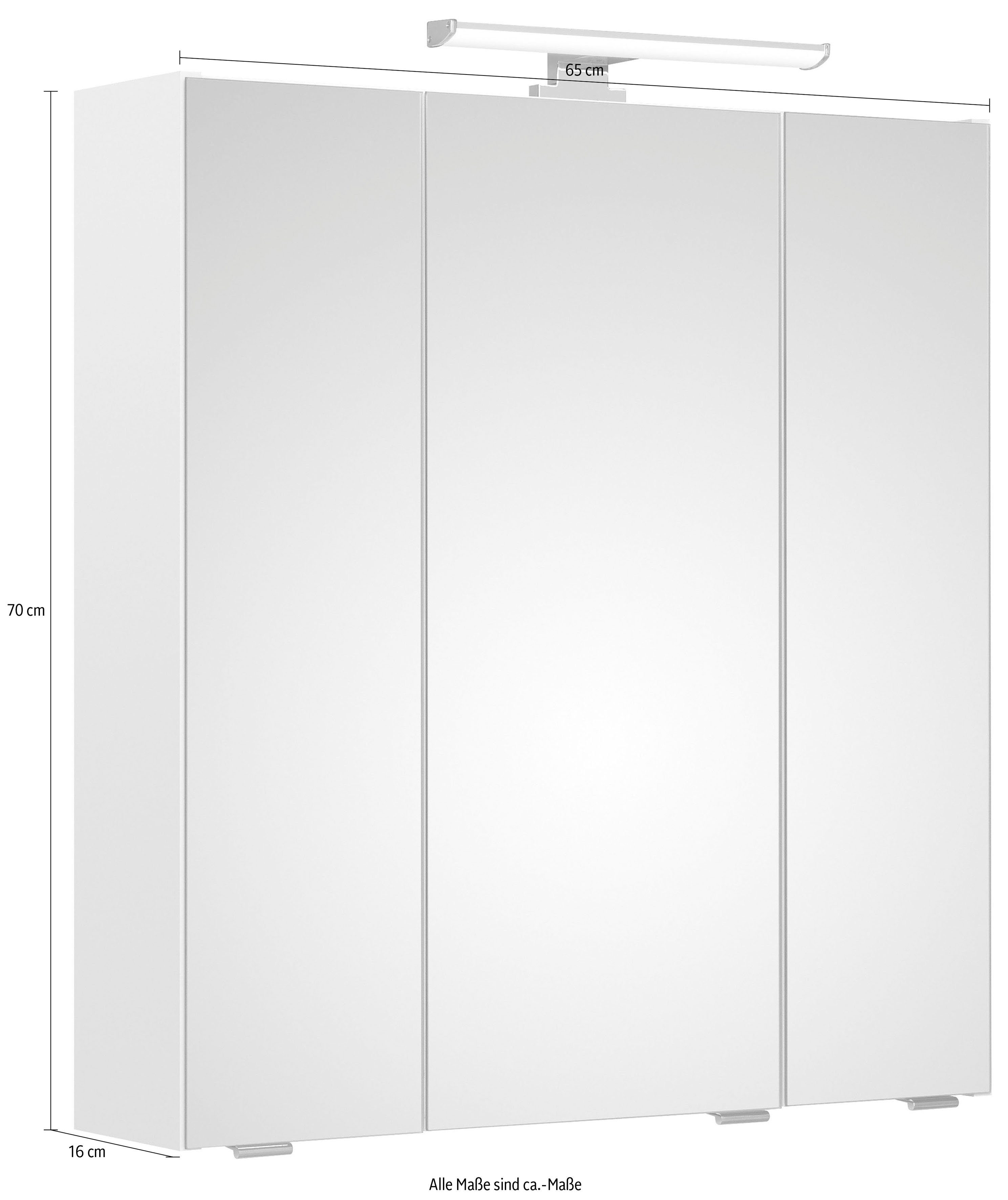 PELIPAL Spiegelschrank Quickset Breite Schalter-/Steckdosenbox | Glanz/Weiß 3-türig, cm, Glanz Weiß 65 Weiß Hochglanz LED-Beleuchtung