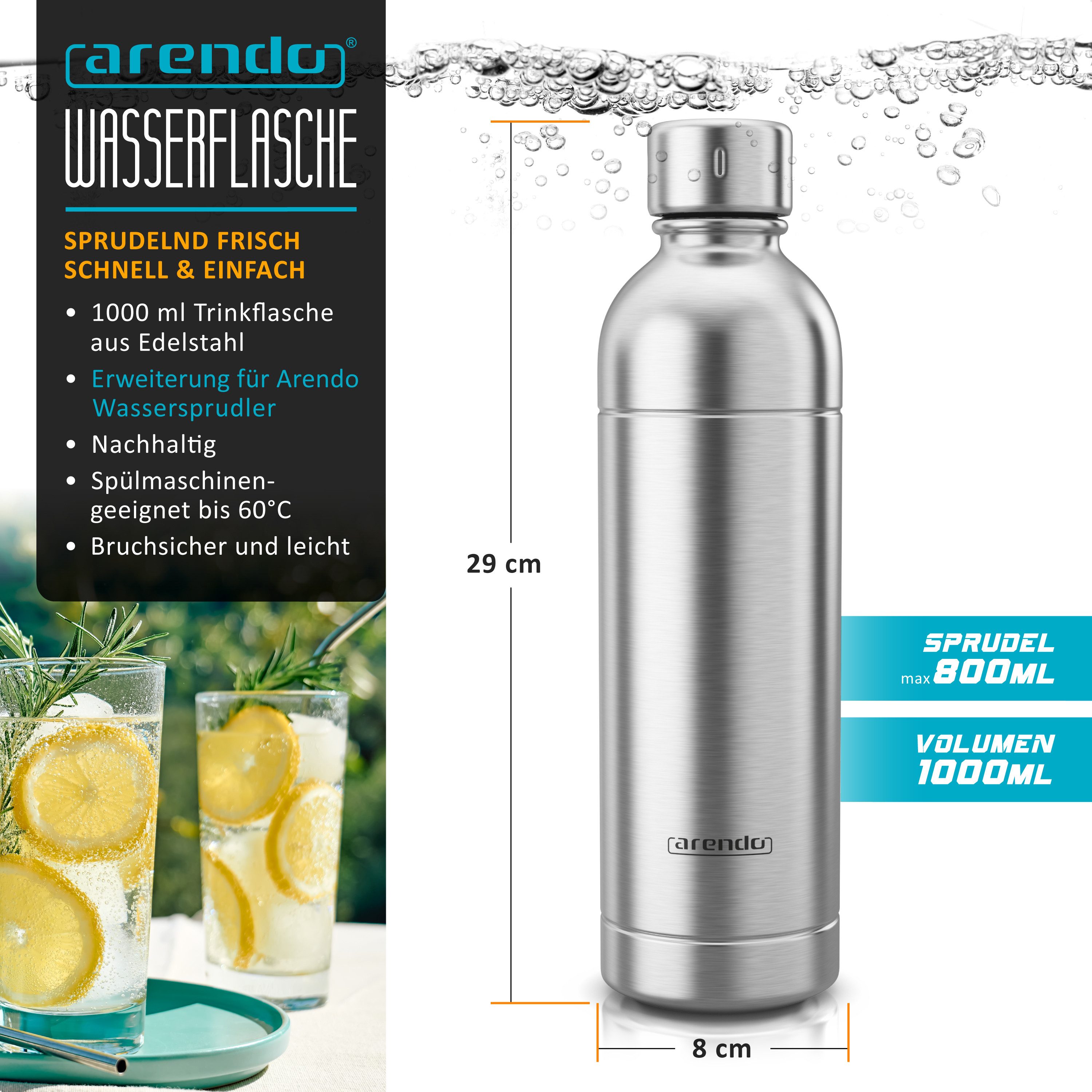 Arendo Wassersprudler Flasche Wasserflasche, Edelstahl Trinkflasche 1000 ml, Schraubverschluss, (1-tlg), kompatibel mit Arendo SodaMakern, SodaStream Easy & Aar – Bild 2 von 5