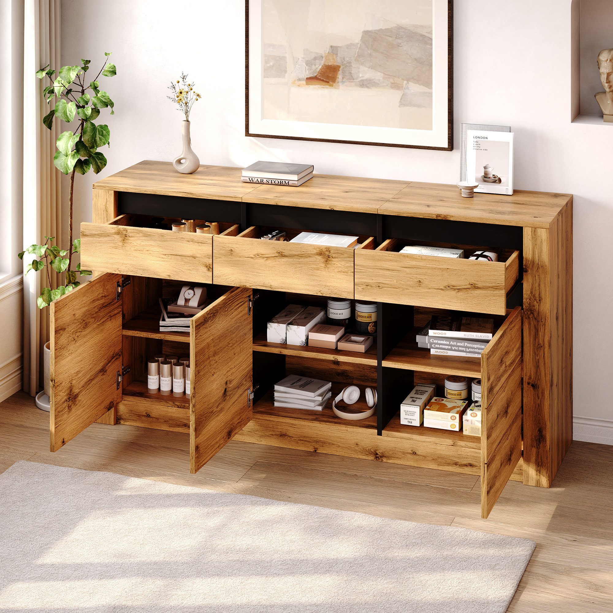 Odikalo Sideboard Kommode Aufbewahrungsschrank mit Lagerbereiche Schubladen (Sideboard 140×35×70cm aus Spanplatte moderner Kommode für Wohnzimmer Kabinett mit 9 – Bild 2 von 5