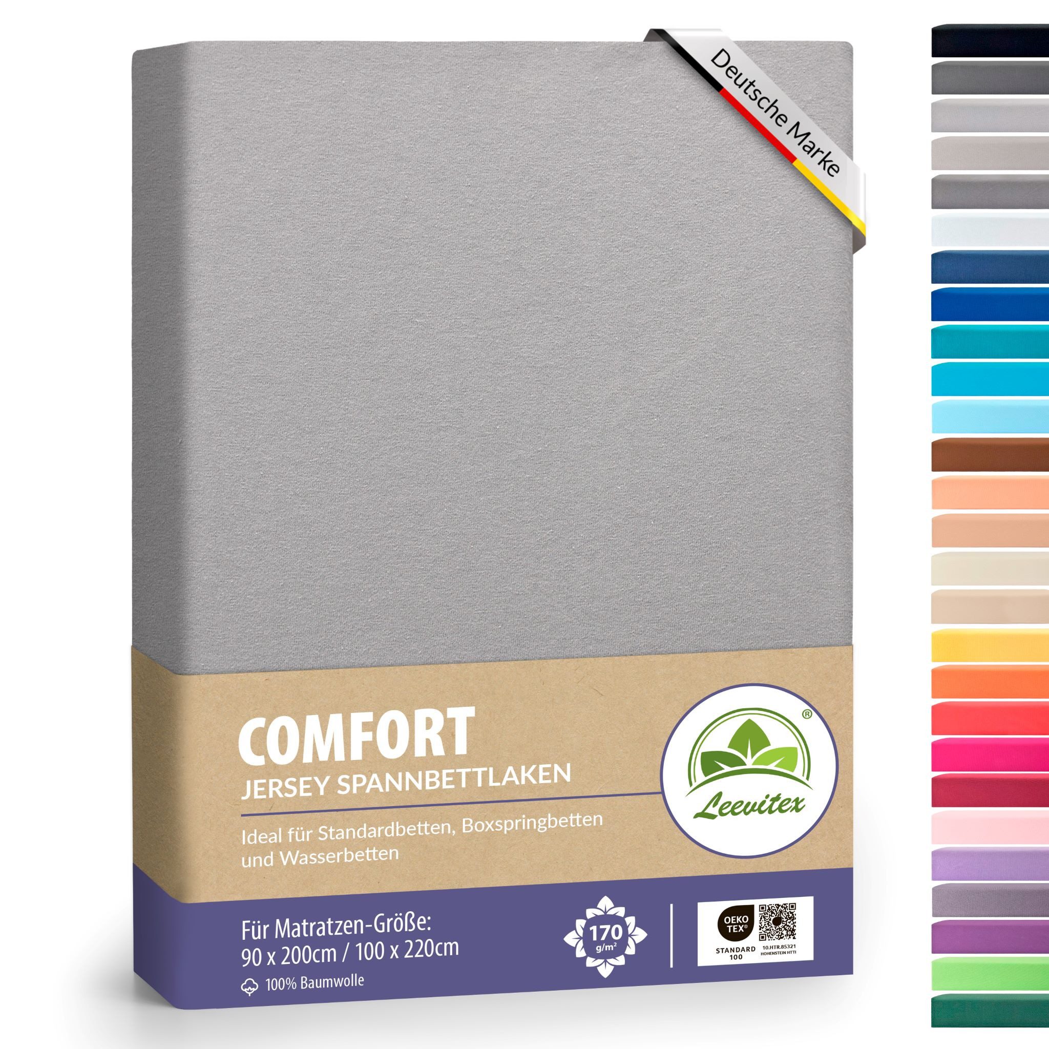 leevitex® Spannbettlaken verschiedene Größen, Stoffgewicht 170 g/m², 40 cm Steghöhe, Jersey, Gummizug: rundum, (1 Stück), verschiedene Farben, OEKO-TEX® STANDARD 100 zertifiziert