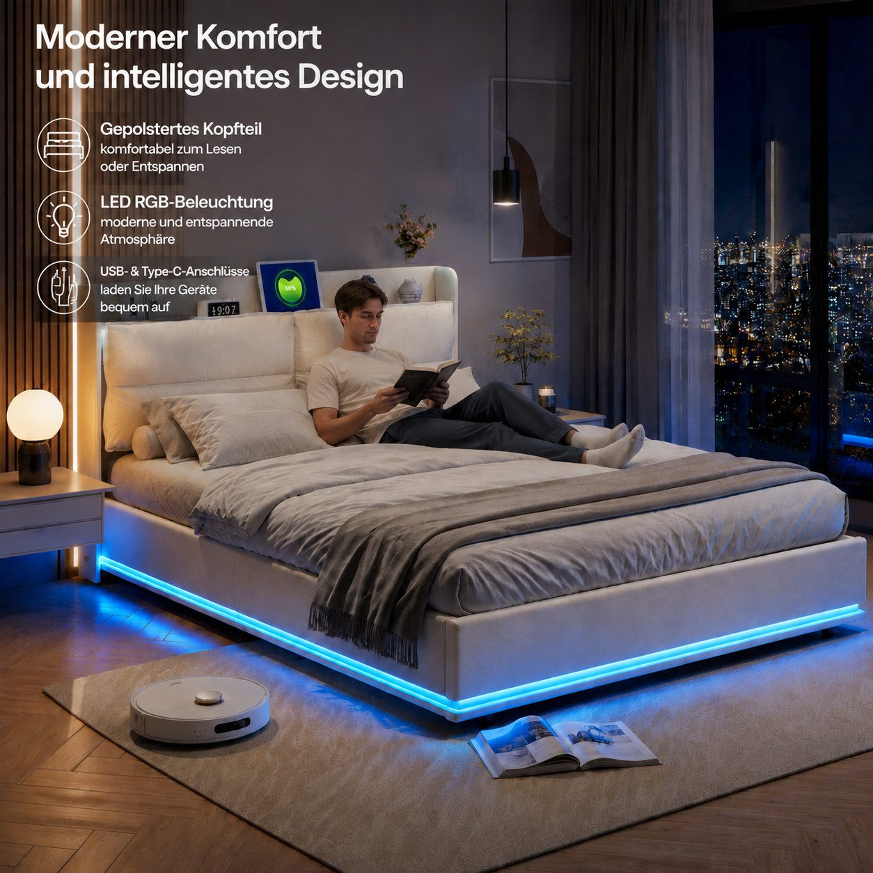 Simurq Polsterbett 160x200cm Stauraum-Kopfteil LED Rückenlehne (Geeignet für Erwachsene und Doppelbett), Stauraum‑Kopfteil,LED,Rückenlehne,Lattenrost – Bild 2 von 5