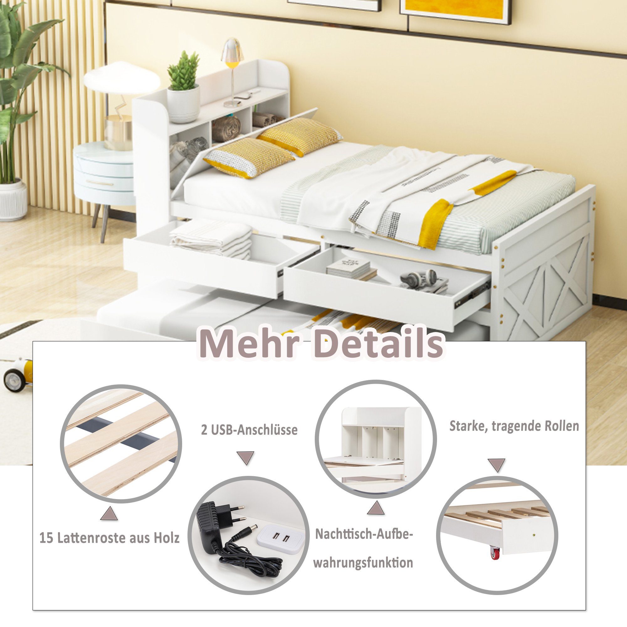 Massivholzbett (Stauraumbett, Kinderbett 90x190cm), mit 2 Schubladen, Stauraumfach, USB Ladefunktion und Ausziehbett