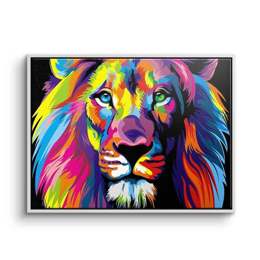 DOTCOMCANVAS® Leinwandbild, Leinwandbild Löwe Pop Art gemalt Neon Lion Natur und Tiere mit premium weißer Rahmen