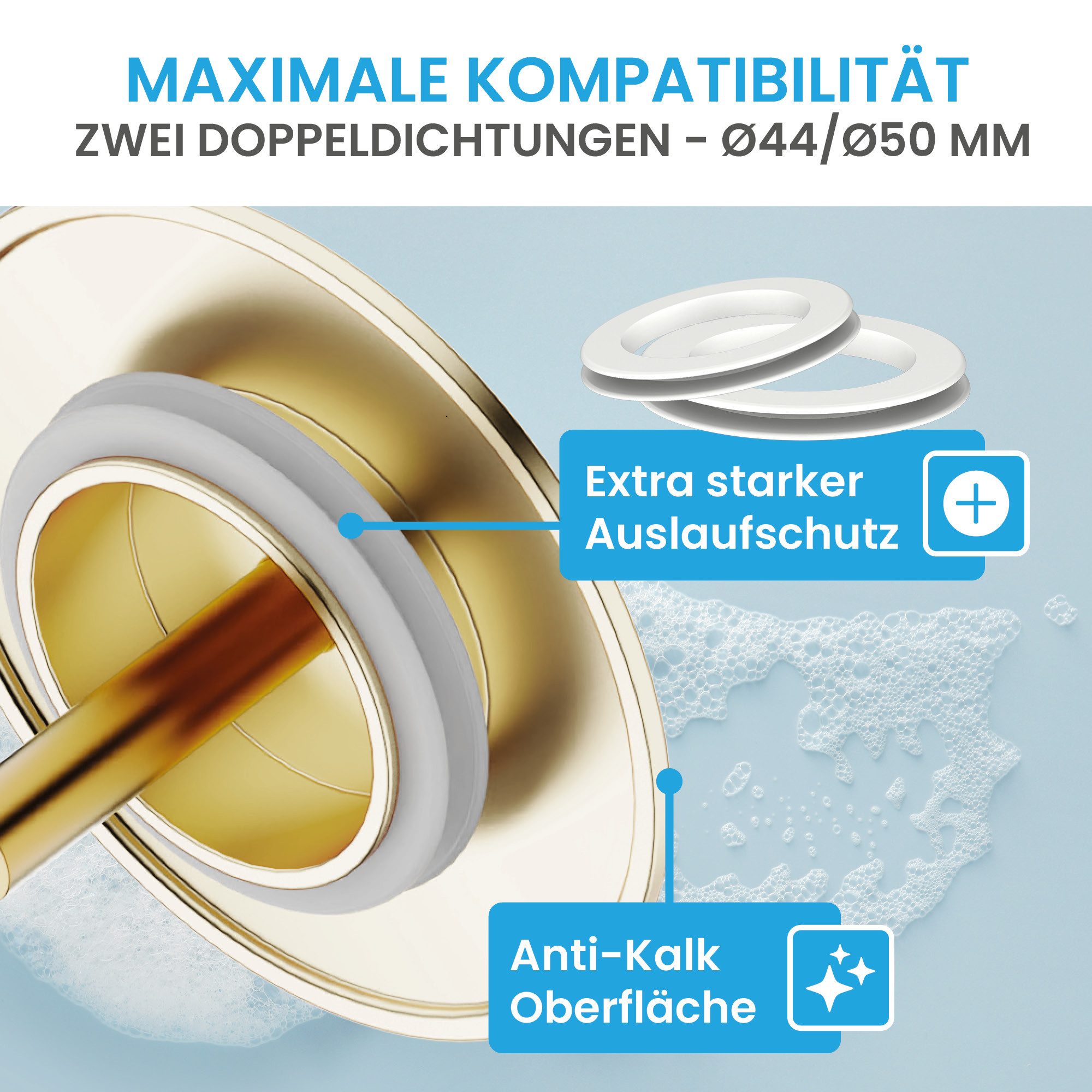 Bächlein Badewannenstöpsel Hochwertiger Badewannenstopfen mit Excenterverschluss, (Gold), Ablaufgarnitur für jede Badewanne inkl. Dichtungen – Bild 3 von 5
