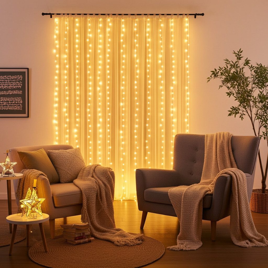 shop'n smile ideoon LED-Lichtervorhang LED Lichtervorhang 3W warmweiß 200 LEDs dimmbar 3x3m, 8 Lichtmodi & Timer, Per Fernbedienung dimmbar, Kürzbar