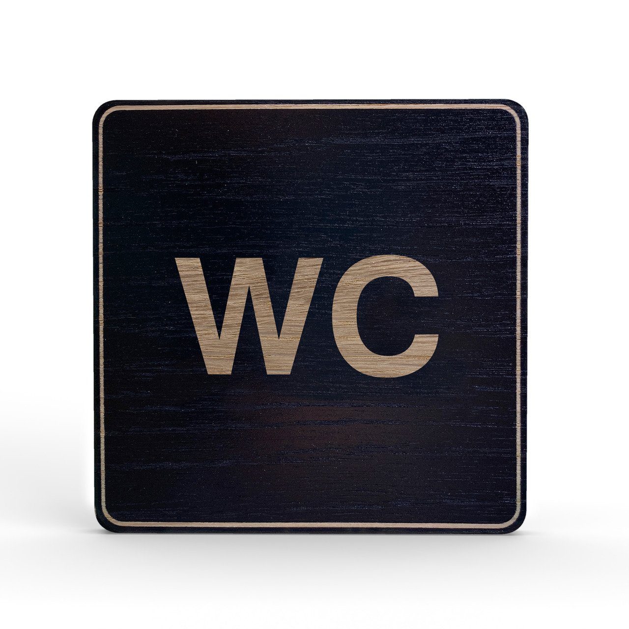 SignSystems Hinweisschild Tello Wood - Türschild aus Holz, (Eiche Furnier - eckig: 10,0 x 10,0 cm - Farbe: schwarz - 3M Klebestripe auf der Rückseite, Symbol: WC), Qualität made in Germany