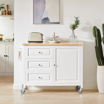 SoBuy Küchenwagen FKW106, Kücheninsel Küchenschrank Sideboard auf Rollen Weiß-Natur