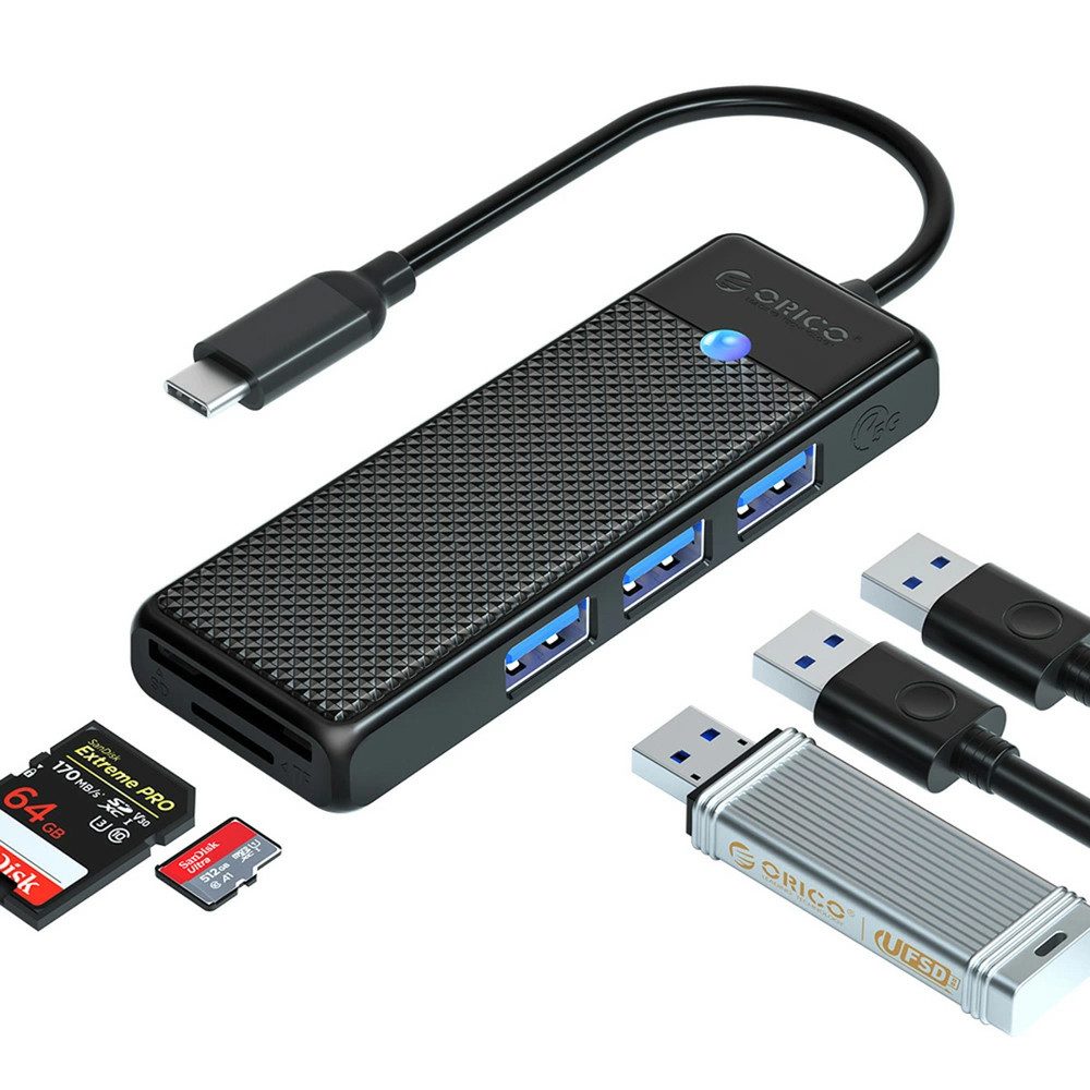 ORICO USB-Hub Verteiler HUB (4-in-1, USB-A, 3x USB-A, Kartenleser, 5 Gbit/s)