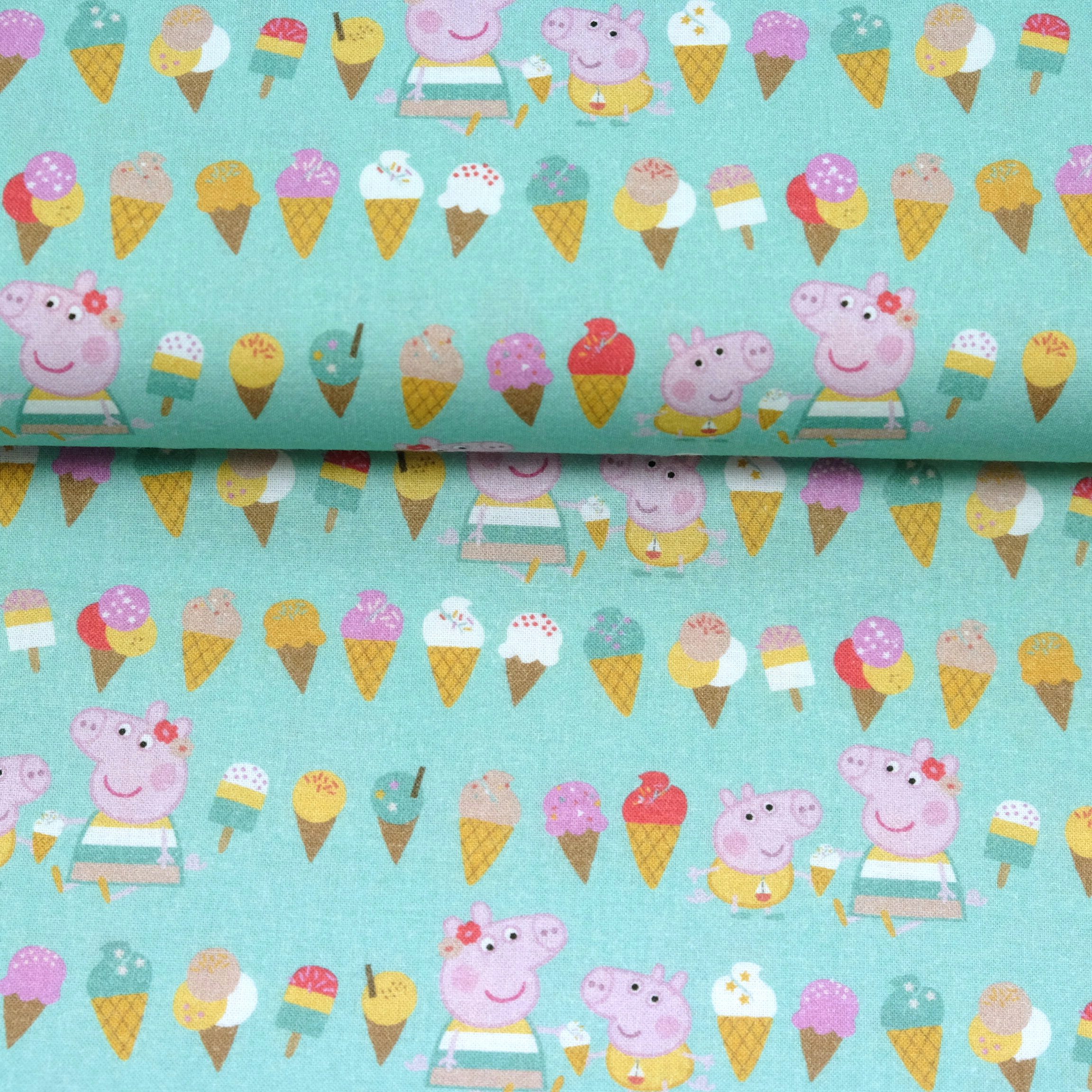 larissastoffe Stoff Lizenzstoff Bio Baumwollstoff Webware Peppa Wutz mint, Meterware, 50 cm x 150 cm