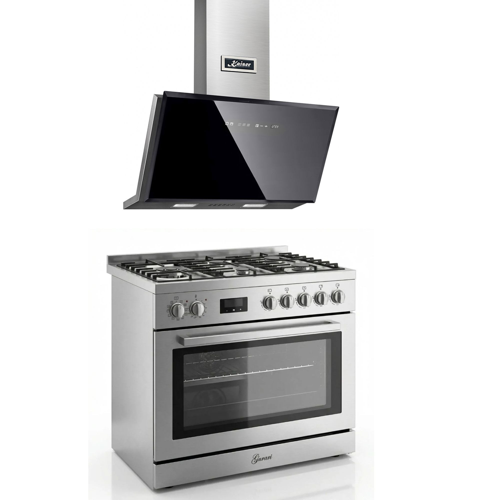GURARI Gas-Standherd Edelstahl Gas Elektro Standherd 90 cm 126 L Erdgas Fl.Gas 4 Kw WOK,Selbstreinigung+Dunstabzugshaube 90cm,TouchControl, Schwarz Glas,1250m³/h GCH E 818 X+AT 9430 F ECO, mit 1-fach-Teleskopauszug