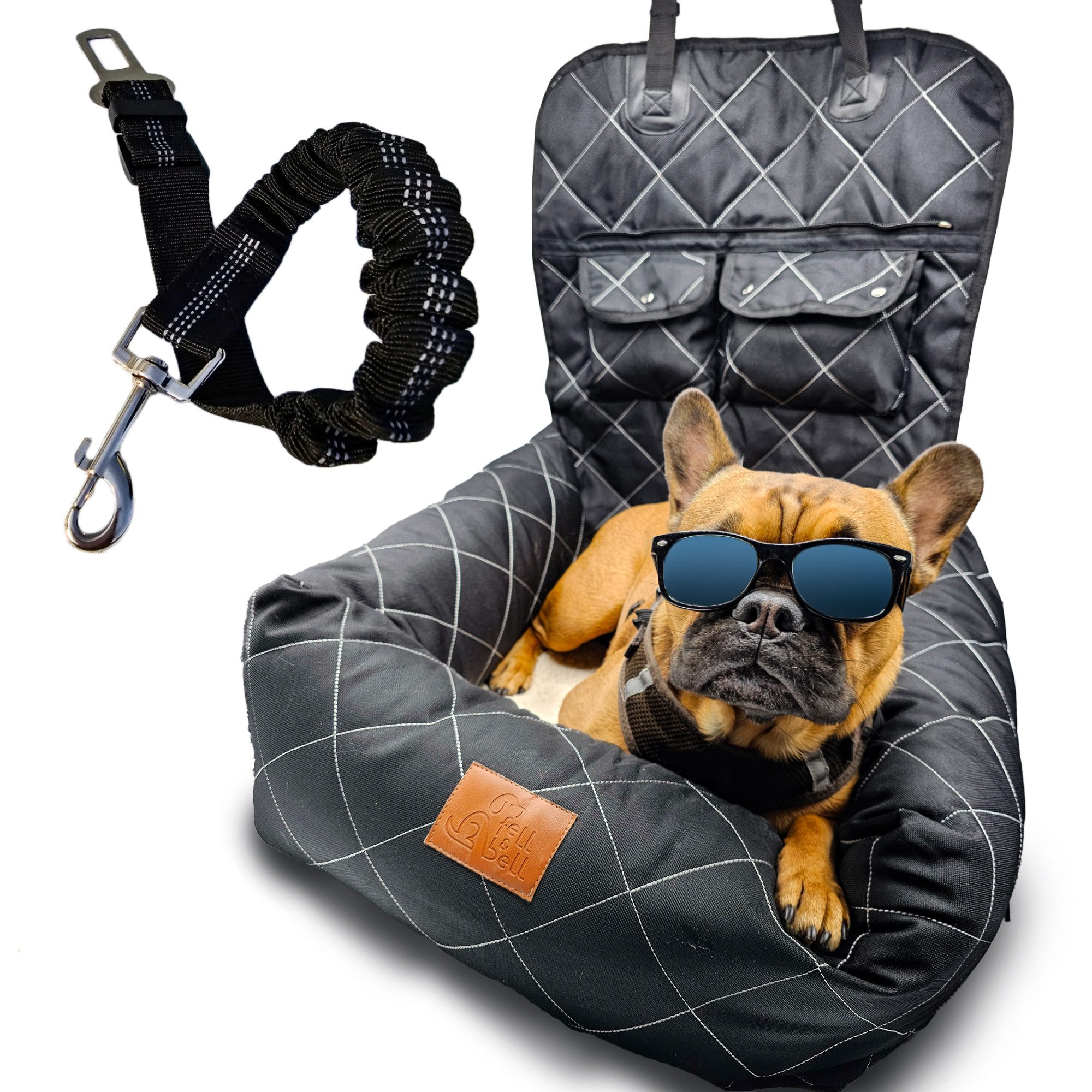 fell&bell Hunde-Autositz, Doppelt Sicher mit 2 Gurten, Bis Mittlere Hunde - 2 in 1 Hundebett