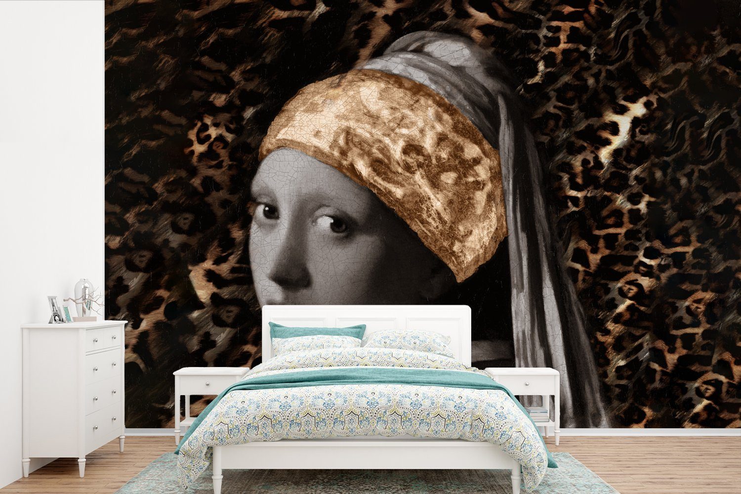 MuchoWow Fototapete Das Mädchen mit dem Perlenohrring - Design - Panther, Matt, bedruckt, (6 St), Wallpaper für Wohnzimmer, Schlafzimmer, Kinderzimmer, Vinyl Tapete