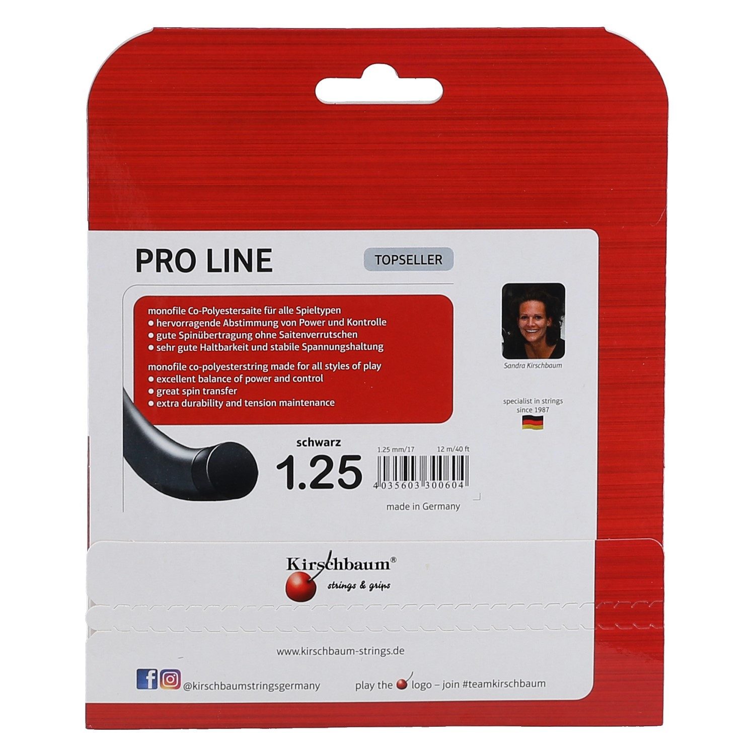 Kirschbaum Tennissaite Pro Line No II (Haltbarkeit+Kontrolle) schwarz 12m Set, Saitendicke: 1.25