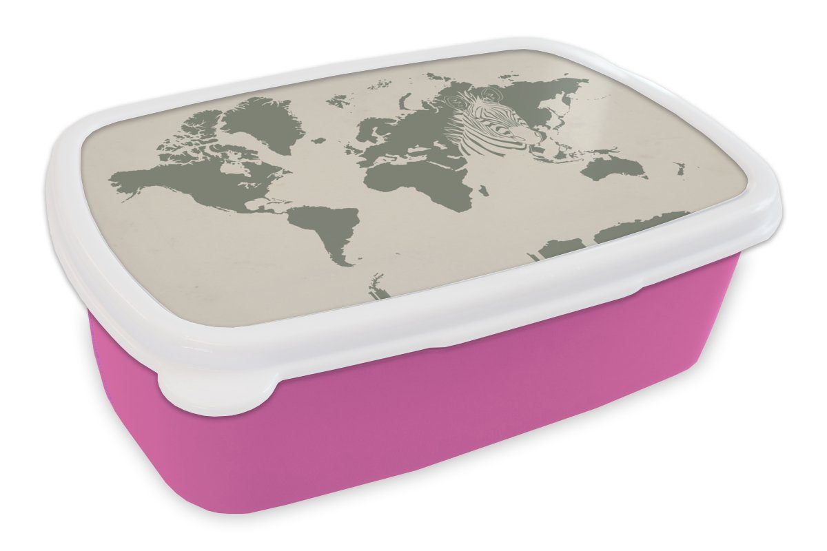 MuchoWow Lunchbox Weltkarte - Tiere - Zebra, Kunststoff, (2-tlg), Brotbox für Erwachsene, Brotdose Kinder, Snackbox, Mädchen, Kunststoff rosa