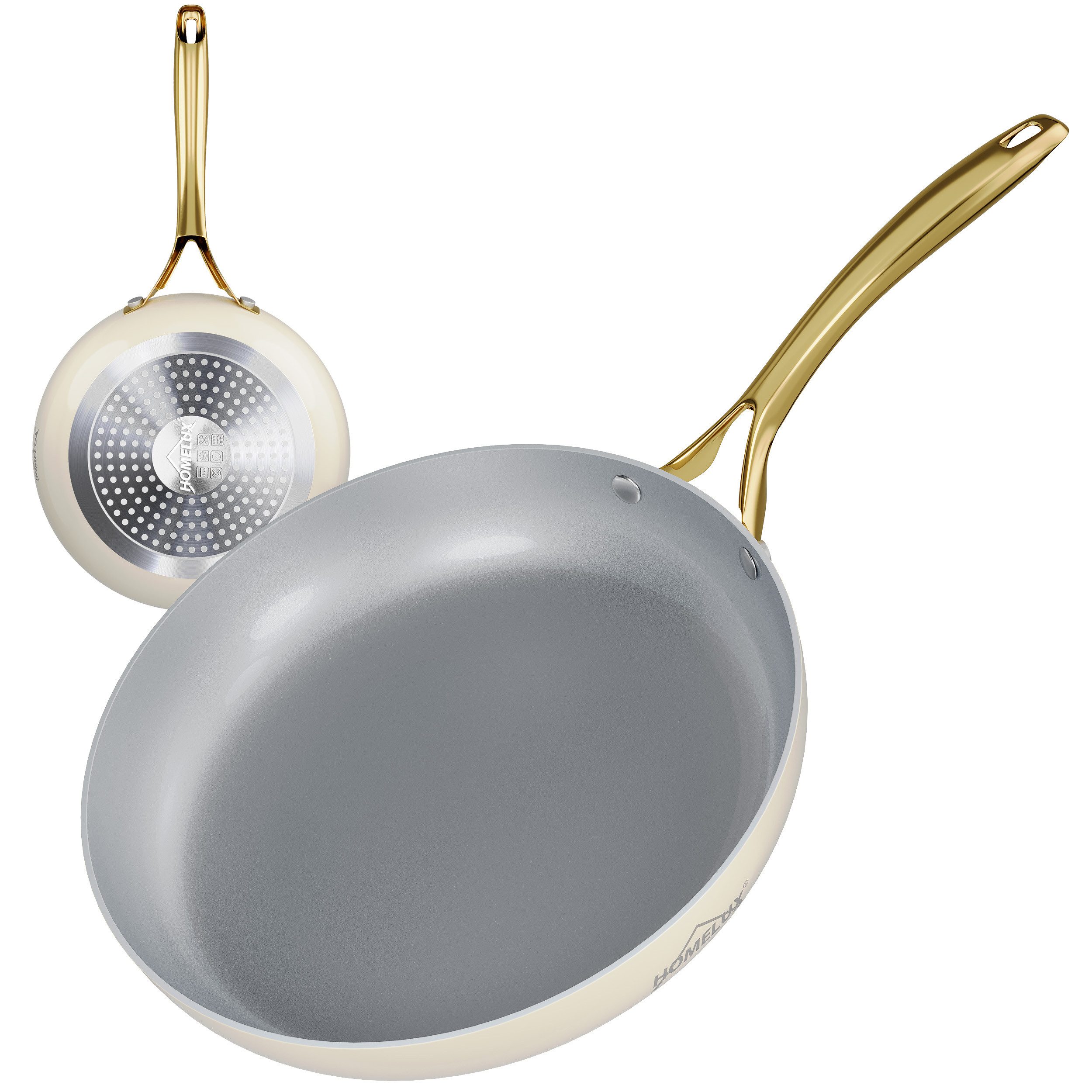 HOMELUX Pfannen-Set Bratpfanne Keramikpfanne Induktion Aluminium Pfanne mit Edelstahlgriff, Aluminium (Pfannenset, 1-tlg), Indukion,Keramikbeschichtung,weiß grau pfanne, gold griff