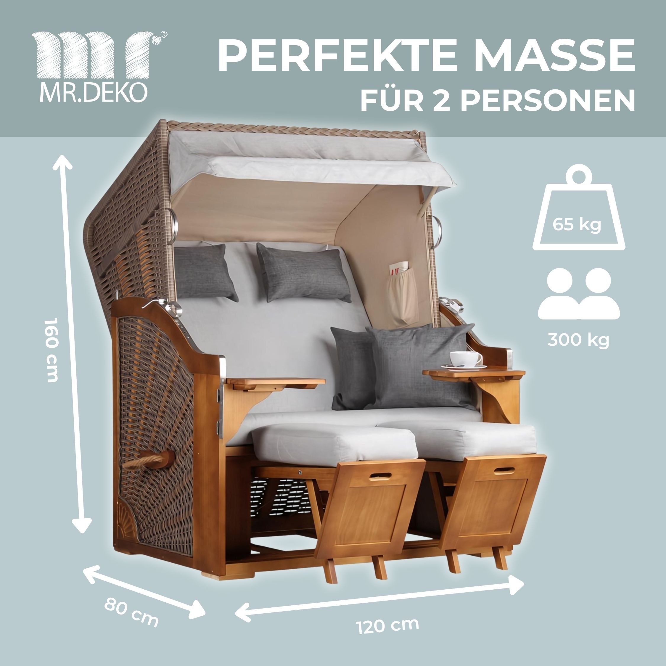 MR.DEKO Strandkorb 2-Sitzer Schleswig Pinie Braun PE Mokka, aufgebaut geliefert, BxTxH: 120x80x160 cm, 2-Sitzer, Schleswig, (Zweisitzer Strandkorb mit Bistrotischen & Fußstützen), Bereits montiert, UV-beständig, Volllieger & Edelstahl-Beschläge
