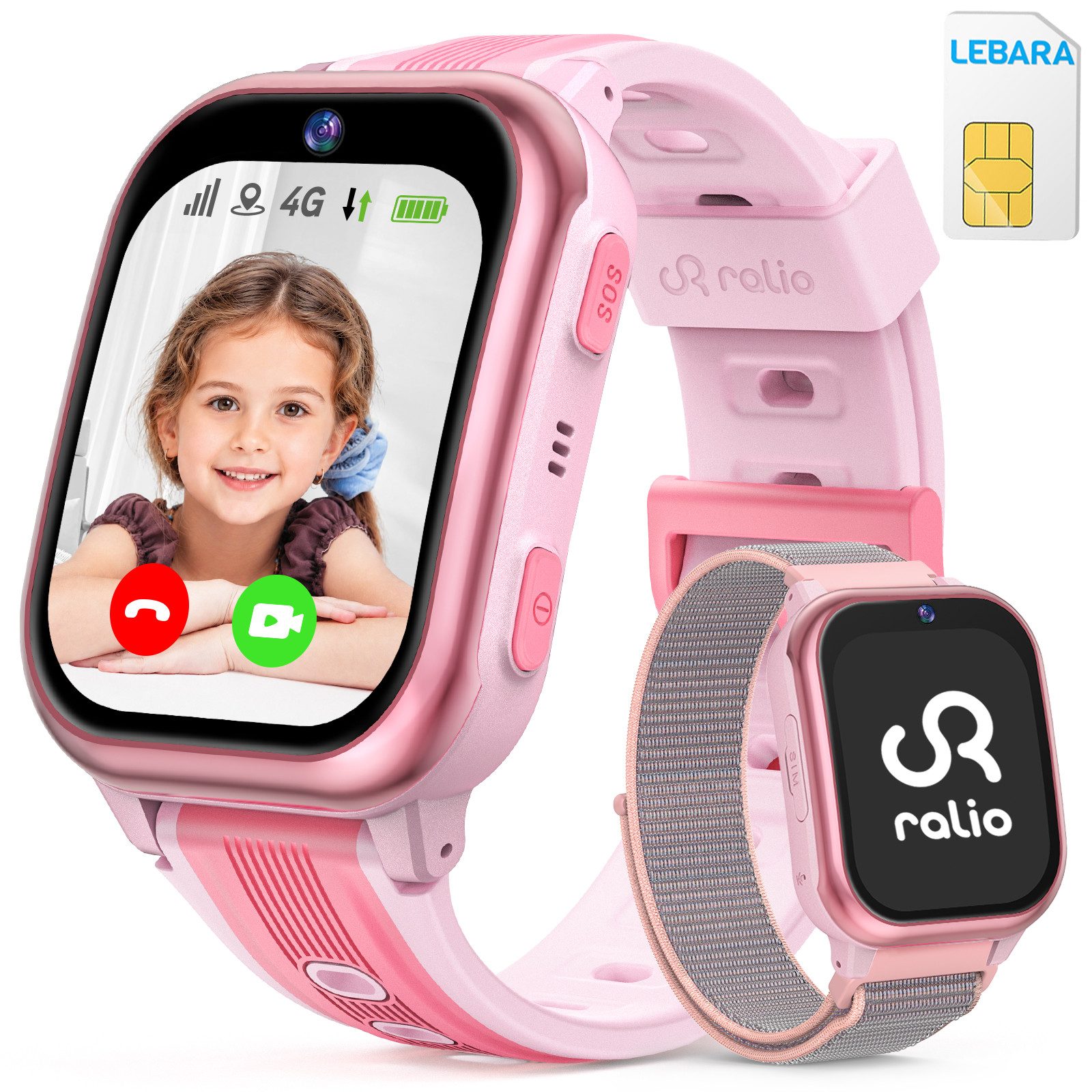 Ralio R5 Plus 4G Smartwatch Kinder, Ralio x Lebara Kinderuhr inkl. SIM-Karte Smartwatch (gebogenes Ultra-HD-Display cm/1.7 Zoll) 3 Tage Akkulaufzeit, GPS-Ortung, Kinderuhr mit HD-Videoanrufen, Schulmodus, SOS, Familien-Gruppenchat und mehr, Zwei Armbänder (hautfreundliches Silikon & hypoallergenes Nylon), Kinder Watch für Mädchen Jungen 3-16 Jahre – ideale Geschenk