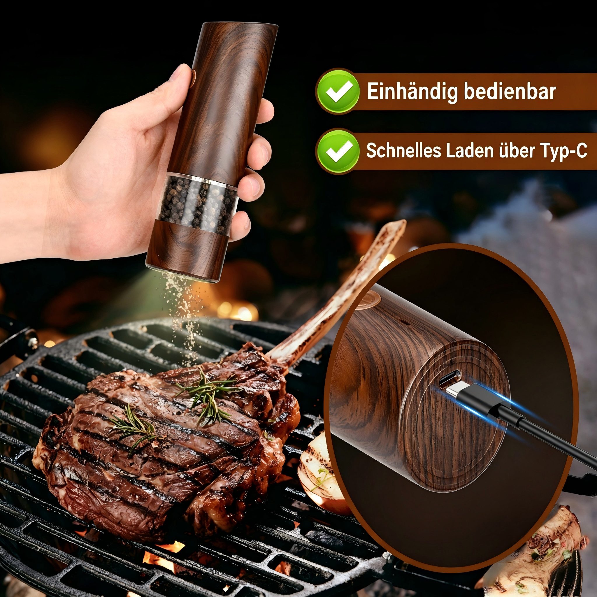 AIBISTAR Pfeffermühle Salz-/Pfeffermühle Elektrische Holz Salzmühle,2er Set mit USB elektrisch, (6 Stück), Mahlgrad einstellbar,Keramik Mahlwerk,Wiederaufladbar,Holzoptik Design