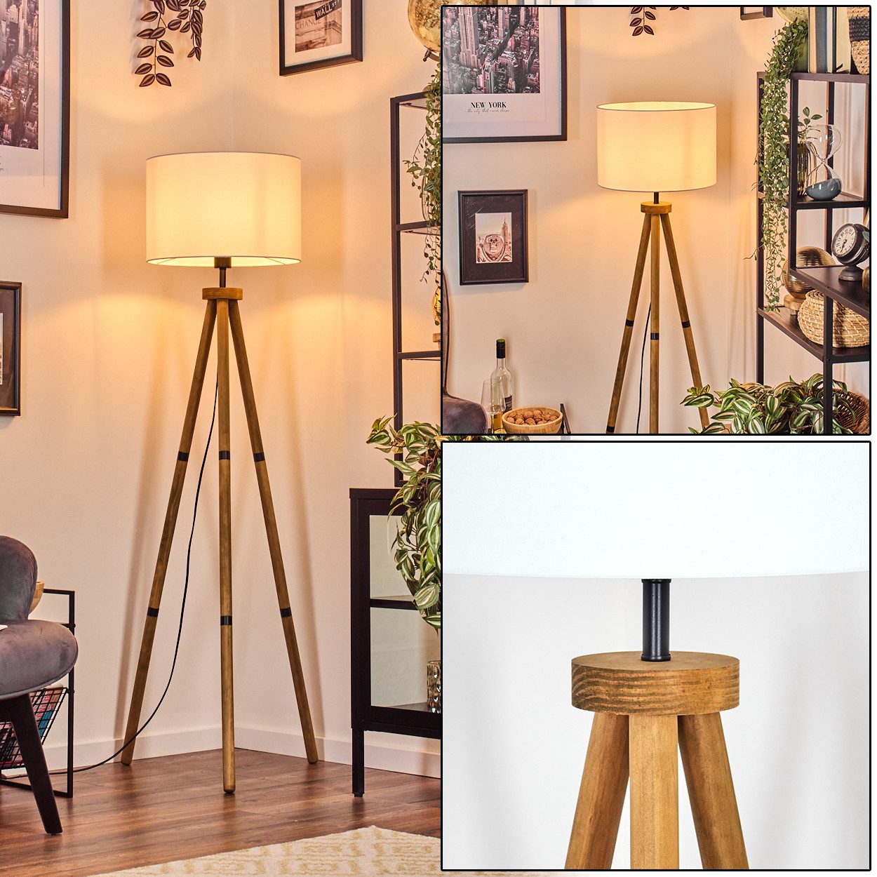 hofstein Stehlampe Stehlampe aus Holz/Metall mit Schirm aus Stoff (38 cm), Boho-Style, skandinavisches Design, 150,5 cm, Fußschalter, 1 x E27