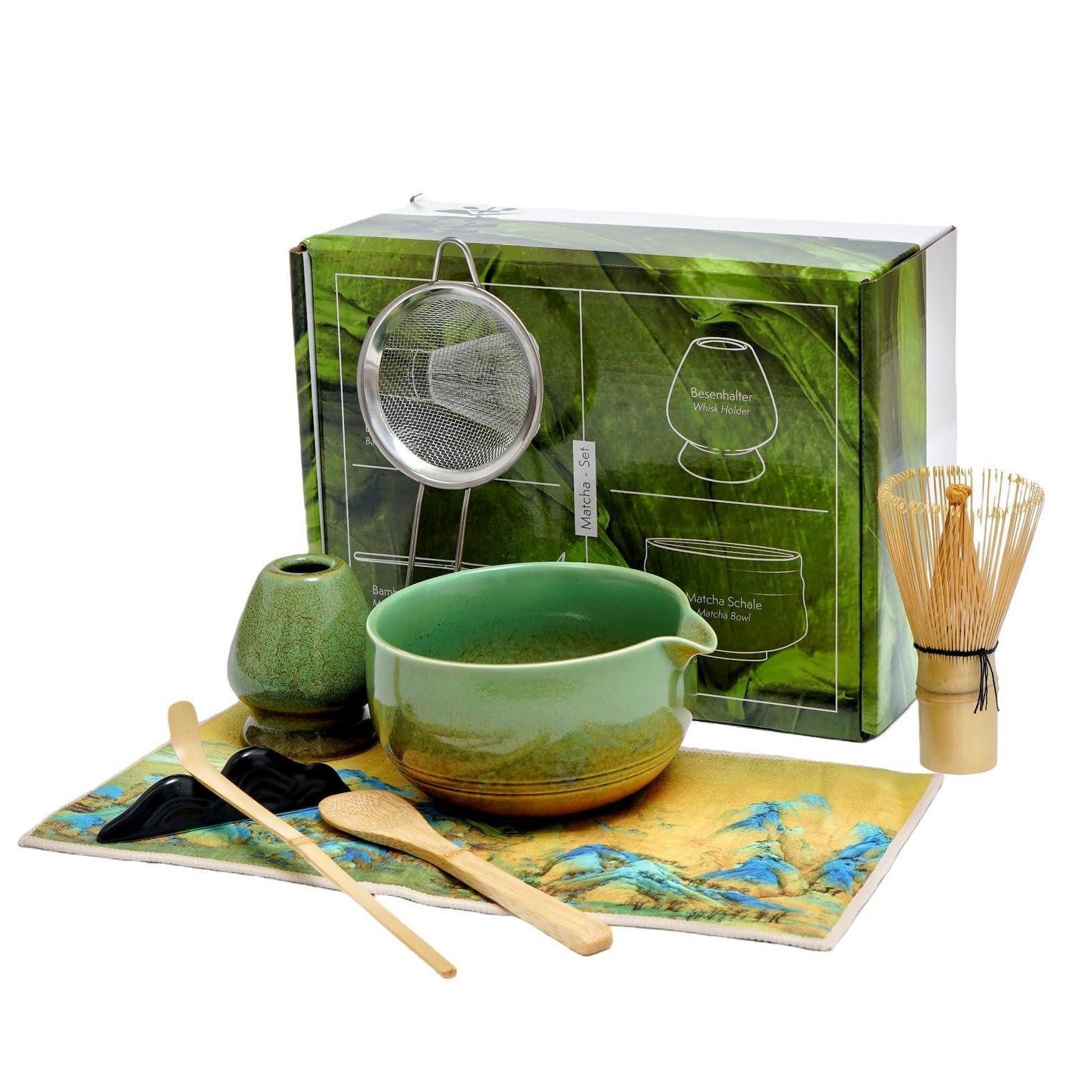 LuxusKollektion Teeservice Matcha Besen Set 8-teilig Grün mit Schale & Zubehör, Keramik