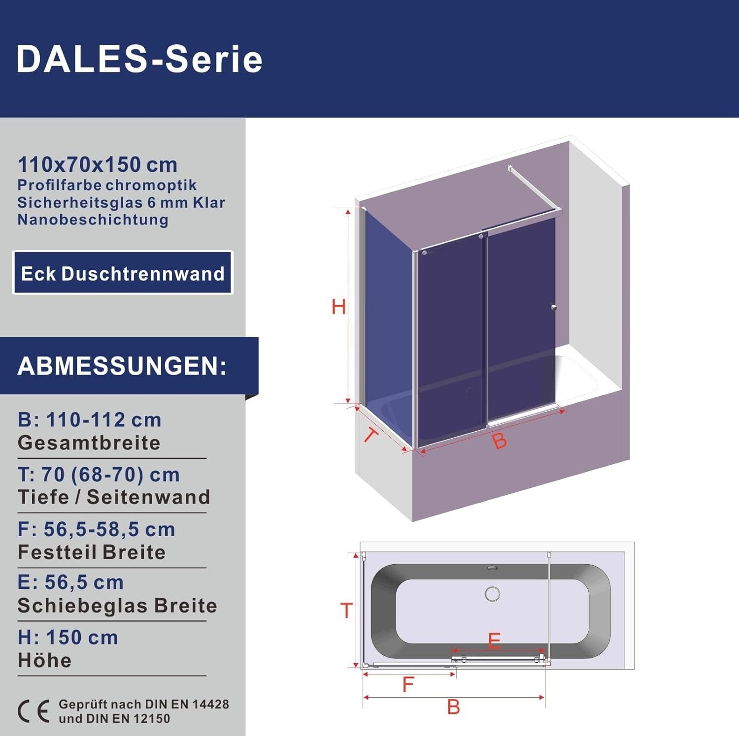 AQUABATOS Badewannenaufsatz Badewannenaufsatz mit Schiebetür 6MM ESG Duschabtrennung für Badewanne, Einscheibensicherheitsglas, Badewannenaufsatz 2-teilig mit Seitenwand Nano Lotus-Effekt, Klarglas