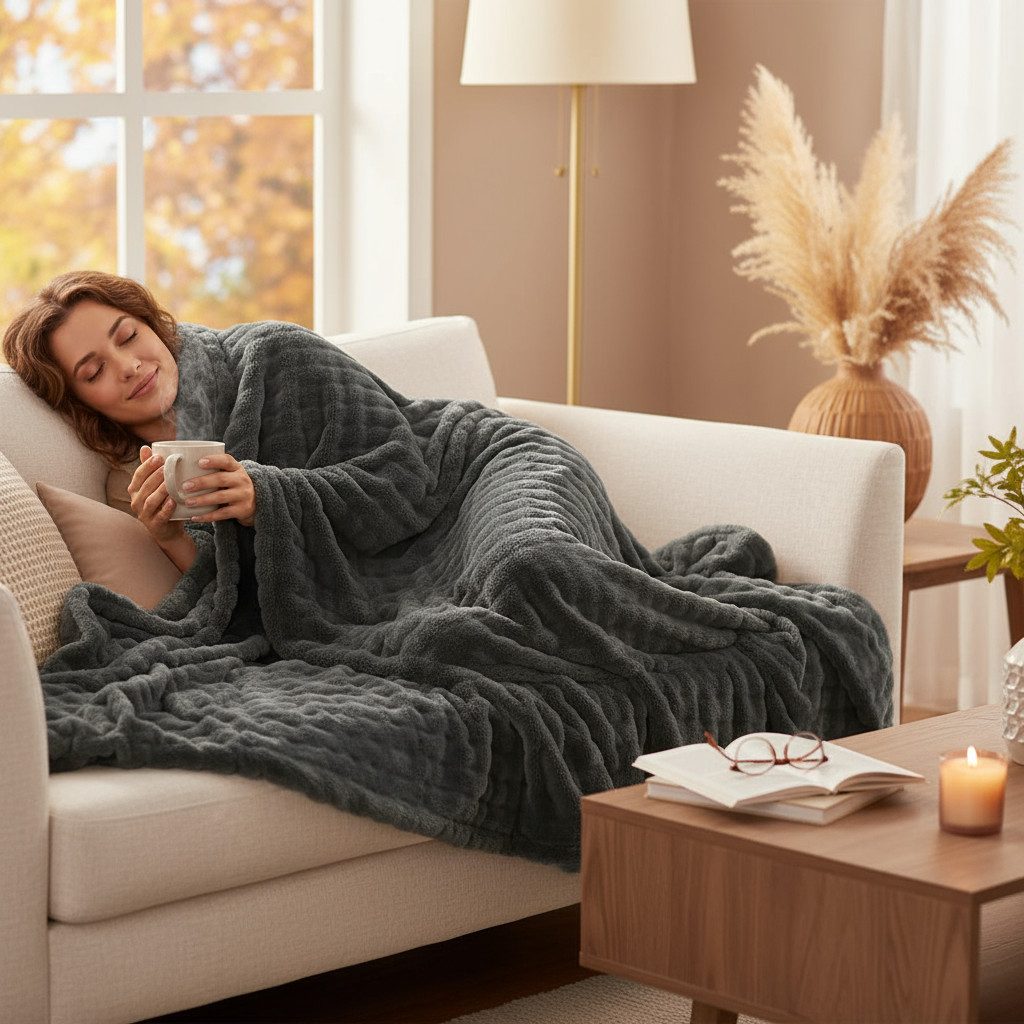 Wohndecke Nova, Kuscheldecke 150x200 cm fürs Wohnzimmer oder Sofa, Delindo Lifestyle, Webpelzdecke