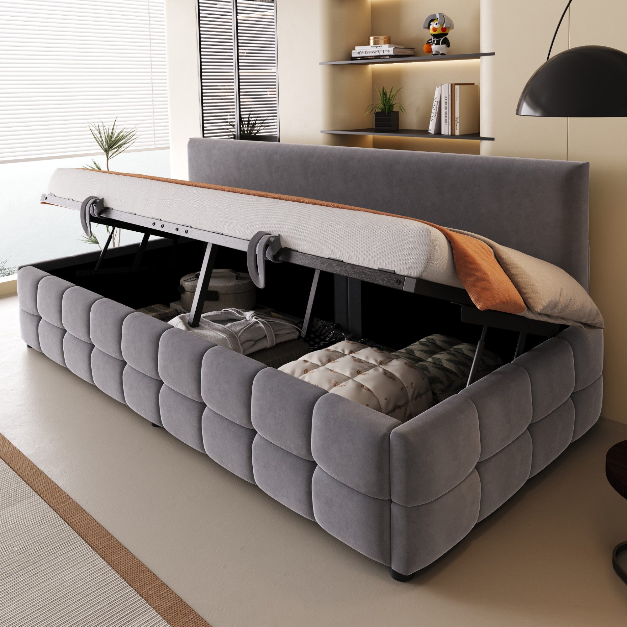 Merax Daybett (Einzelbett Jugendbett Tagesbett Kinderbett Schlafsofa Sofabett, 1 tlg), Polsterbett 90x200cm mit hydraulischem Stauraum &Rückenlehne, Samt