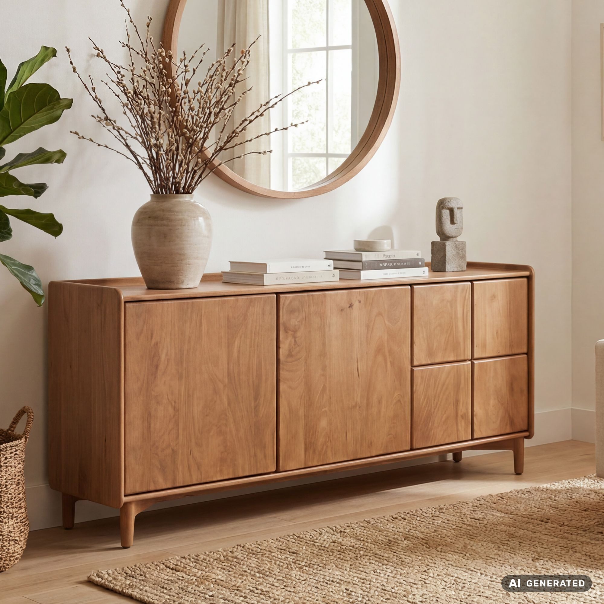 FINEBUY Sideboard FB119702 Anrichte 160cm Wohnzimmer Schrank Esszimmer Groß Modern (Massives Sideboard aus Mangoholz mit 3 Türen), Braune Holzkommode mit 6 Fächern Handmade