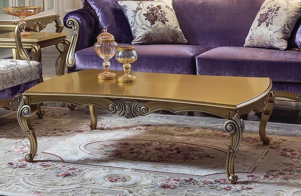 Casa Padrino Couchtisch Luxus Barock Couchtisch Gold / Silber 136 x 89 x H. 44 cm - Edler Massivholz Wohnzimmertisch im Barockstil - Barockstil Möbel