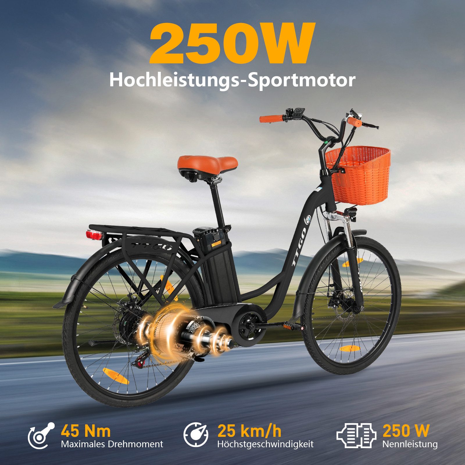 TTGO E-Bike Cityrad 26 Zoll, Elektrofahrrad, für Damen und Herren 522Wh max.75km Pedelec, 6 Gang, Kettenschaltung, Heckmotor, 522 Wh, (bis zu 125kg, für ca. 160–185cm, 5 Stufen, Pedelec), E-bikes, Frontkorb, Gepäckträger, Elektrofahrrad für Damen Herren