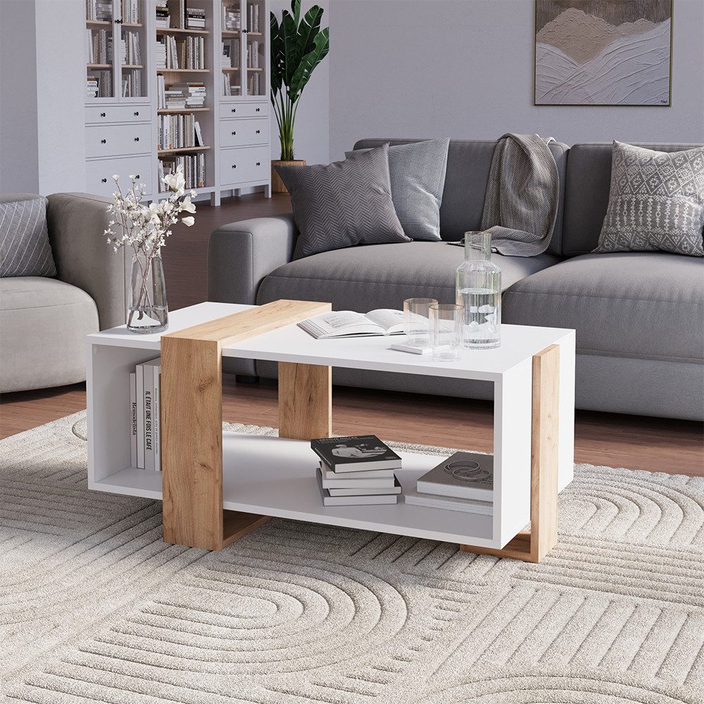 Vicco Couchtisch Aven, Weiß/Goldkraft Eiche, 91.5 x 52 cm (1-St) günstig online kaufen