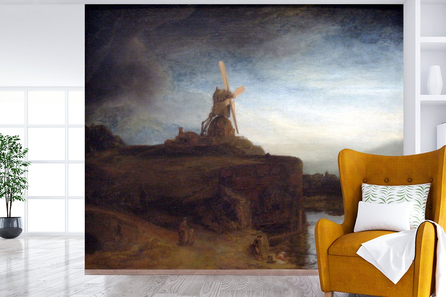 Schlafzimmer MuchoWow Fototapete Wohnzimmer Vliestapete Fototapete für Küche, - (5 Rijn, Die Mühle Matt, bedruckt, St), Rembrandt van