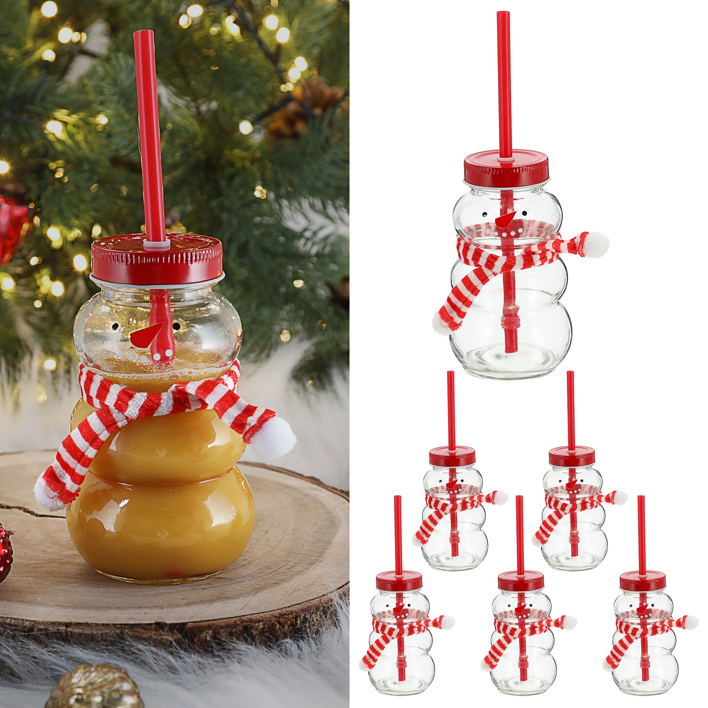 Deko-Glas Trinkglas Schneemann 6er Set Trinkhalm Ø7cm 260ml Motivglas mit Deckel