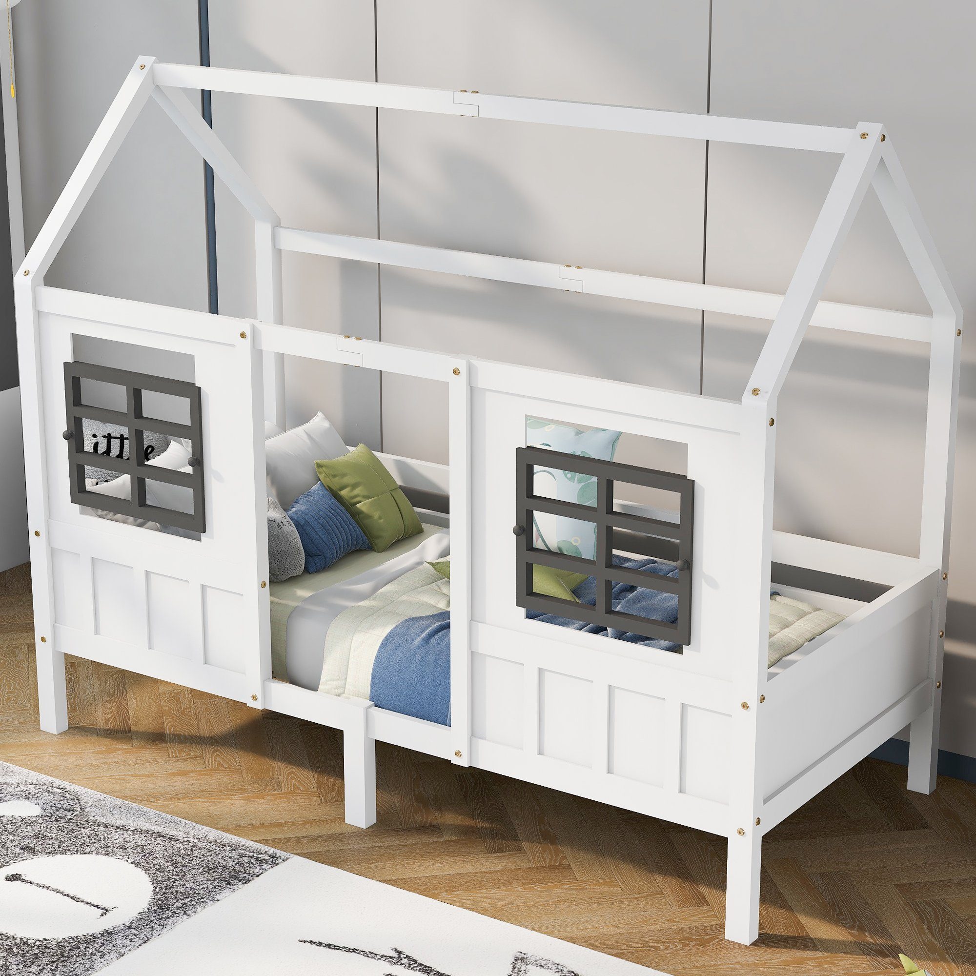 Kiefer Kinderbett Hausbett Fenstern Hausbett Tagesbett 200x90cm mit Gotagee Einzelbett