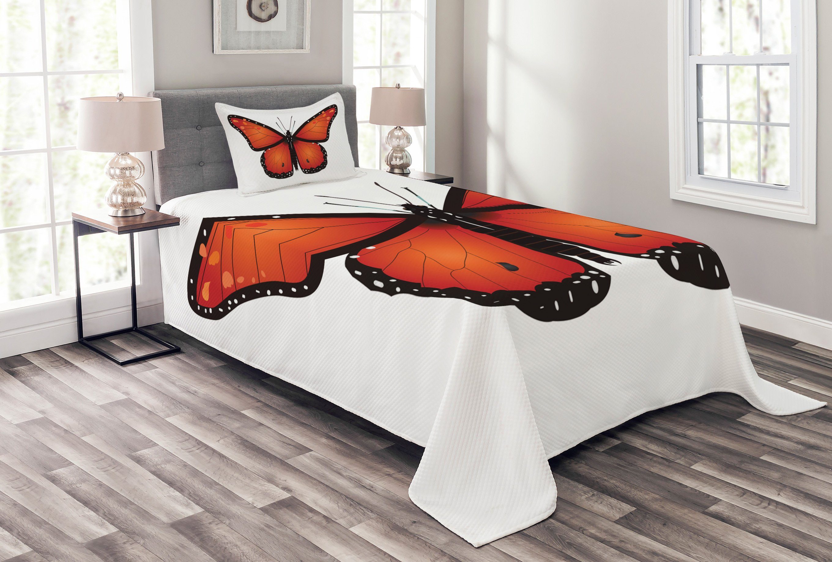 Tagesdecke Set mit Kissenbezügen Waschbar, Abakuhaus, Orange und Schwarz Big Monarch Breed-Motte