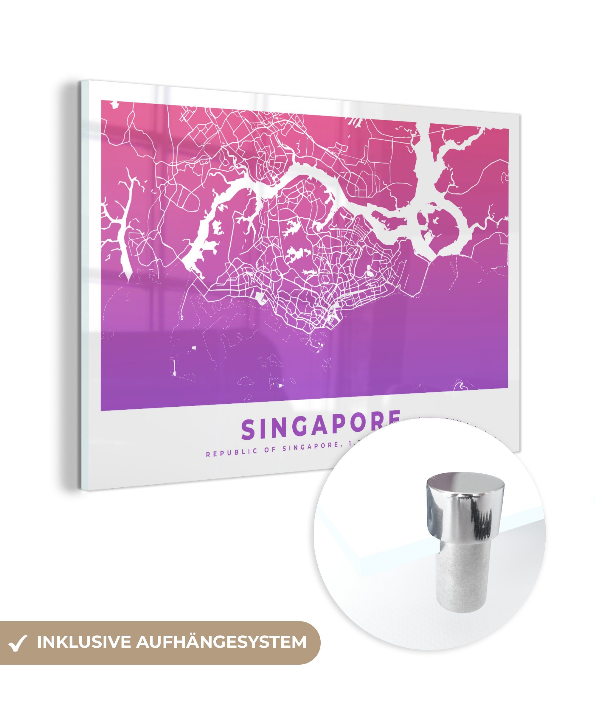 MuchoWow Acrylglasbild Singapur - Stadt - Karte, (1 St), Acrylglasbilder Wohnzimmer & Schlafzimmer