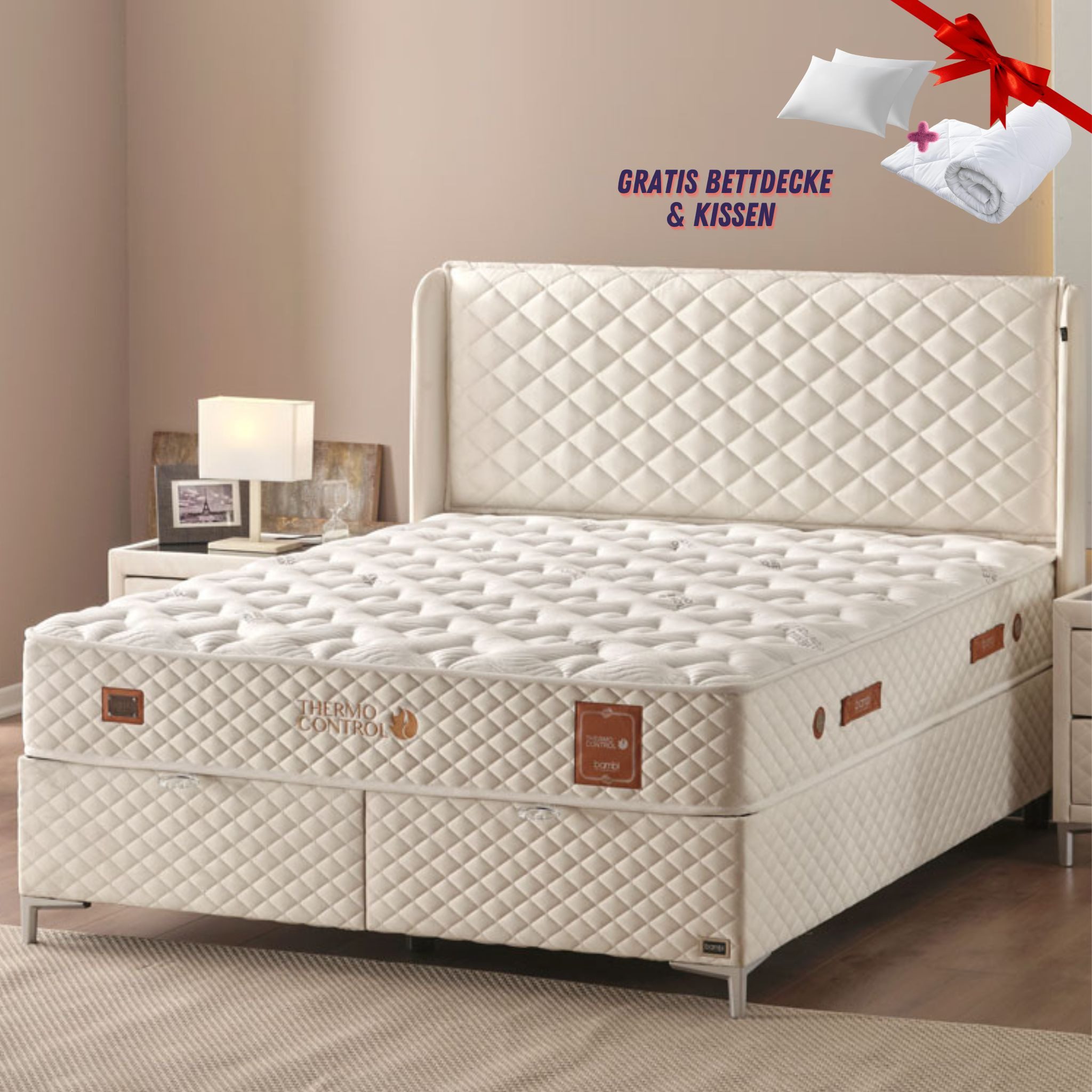 Bambi Boxspringbett mit Matratze mit Topper Polsterbett Stauraumbett Thermo Control (2 Bettkästen, 1 Matratze, Kopfteil)