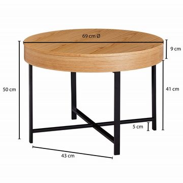 furnicato Couchtisch Design Rund Ø 69 cm mit Eichen Optik Tisch mit Stauraum, Lounge-Wohnzimmertisch