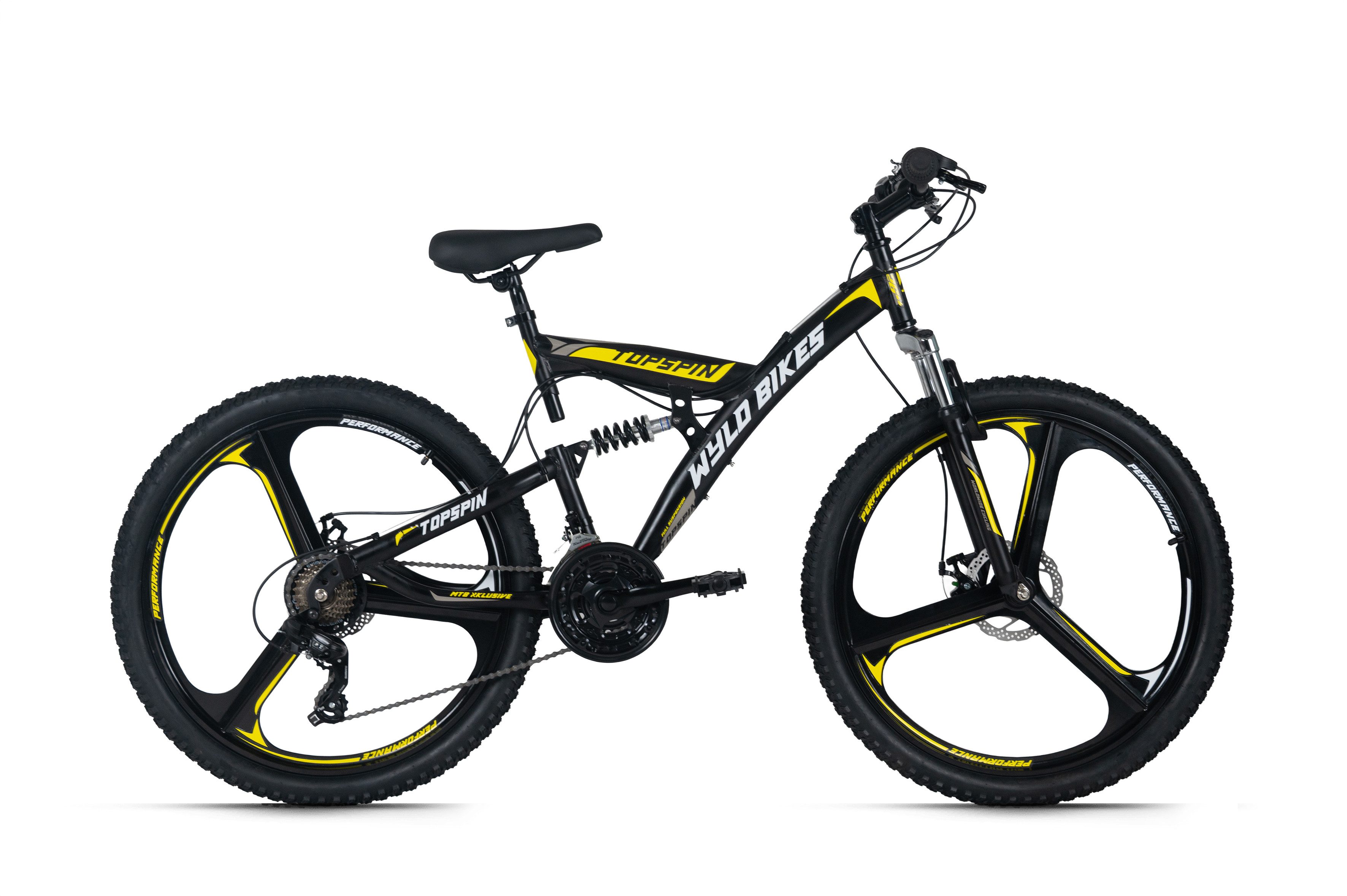 WYLD Mountainbike WYLD Mountainbike Fully 26'' Topspin schwarz-gelb RH 51 cm, 21 Gang Shimano Tourney Schaltwerk, Kettenschaltung
