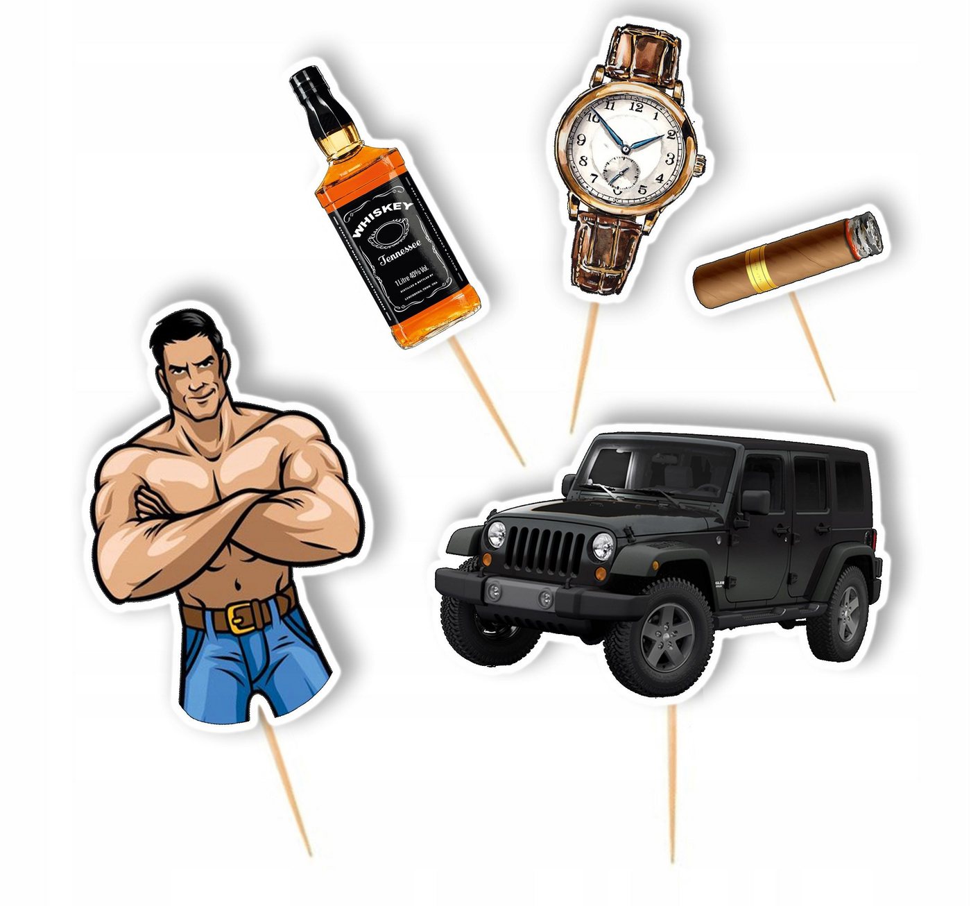 PartyPal, Topper Topper Tort Geburtstag Set für Männer Whiskey Jeep Auto Zigarren, Papier